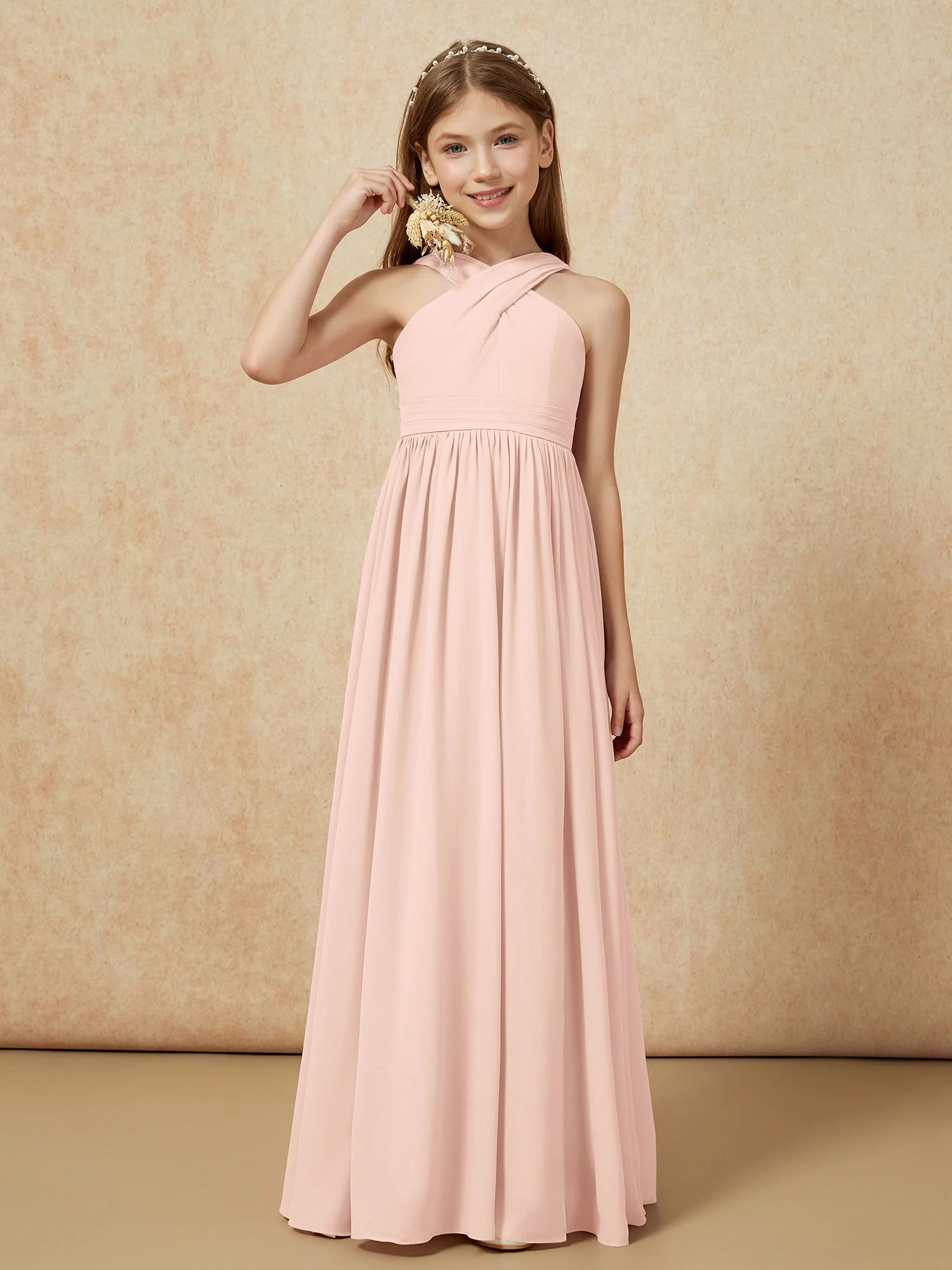 Griechischer Ausschnitt Chiffon Junge Brautjungfernkleider mit Schlitz Perlrosa