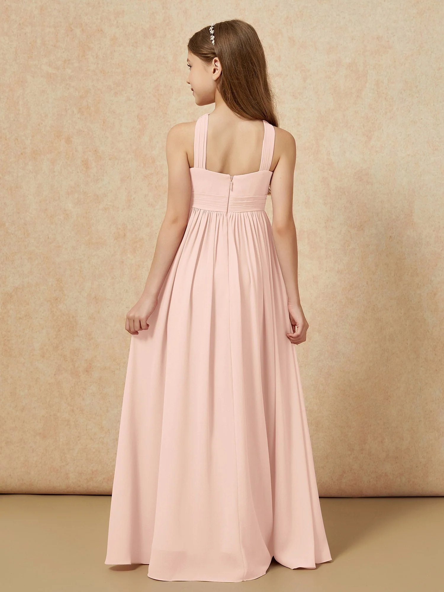 Griechischer Ausschnitt Chiffon Junge Brautjungfernkleider mit Schlitz Perlrosa - Image 2