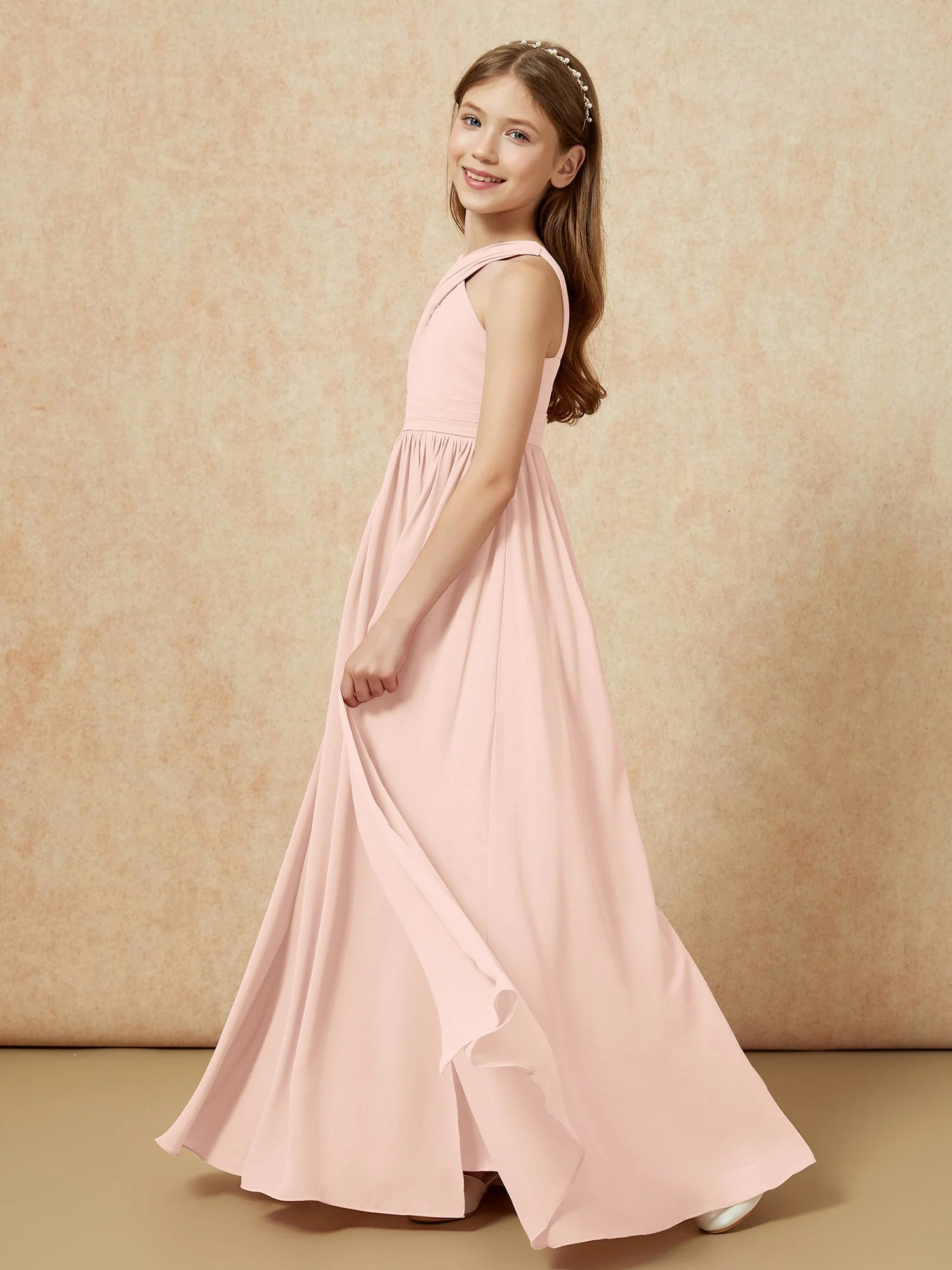 Griechischer Ausschnitt Chiffon Junge Brautjungfernkleider mit Schlitz Perlrosa - Image 3
