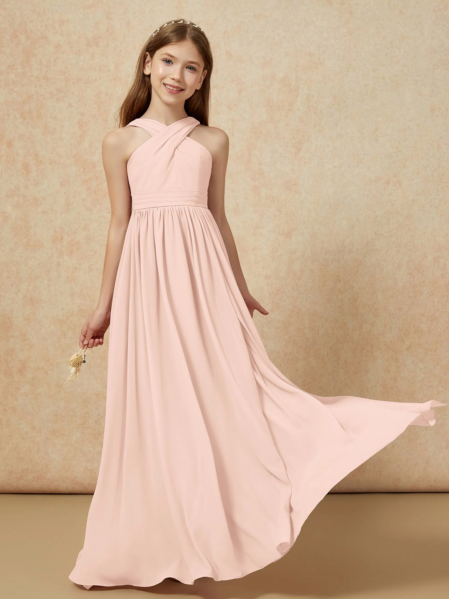 Griechischer Ausschnitt Chiffon Junge Brautjungfernkleider mit Schlitz Perlrosa - Image 5