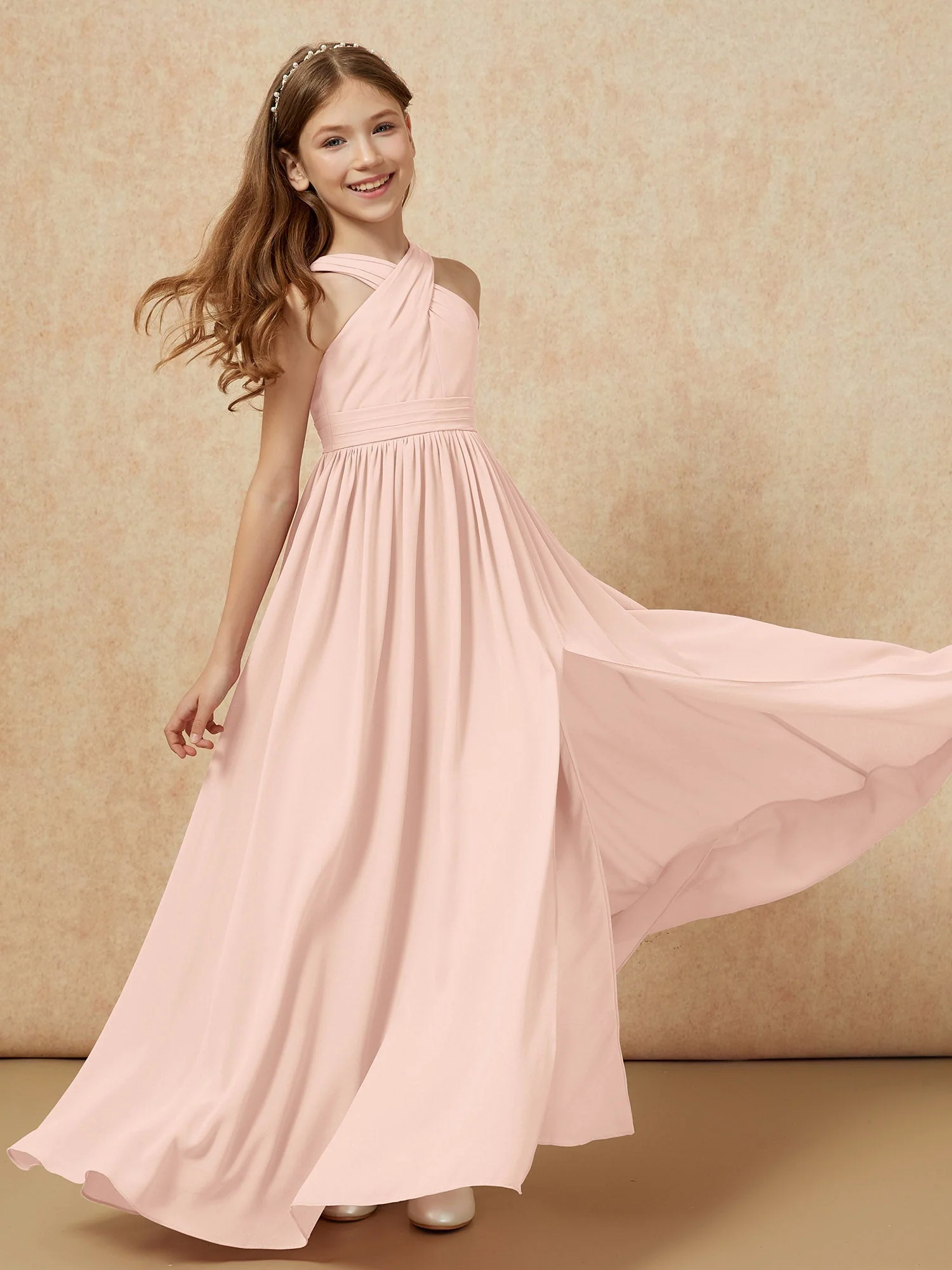 Griechischer Ausschnitt Chiffon Junge Brautjungfernkleider mit Schlitz Perlrosa - Image 6