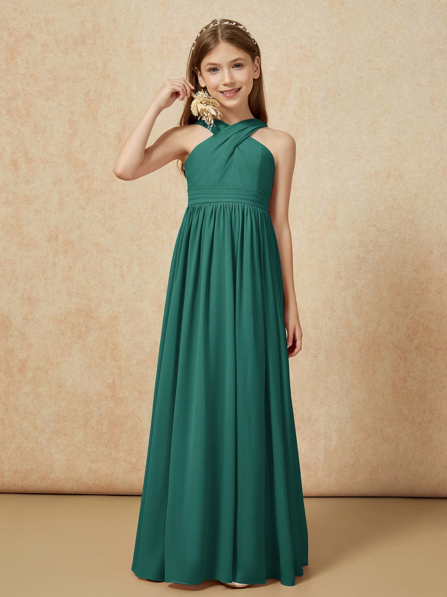 Griechischer Ausschnitt Chiffon Junge Brautjungfernkleider mit Schlitz Pfau