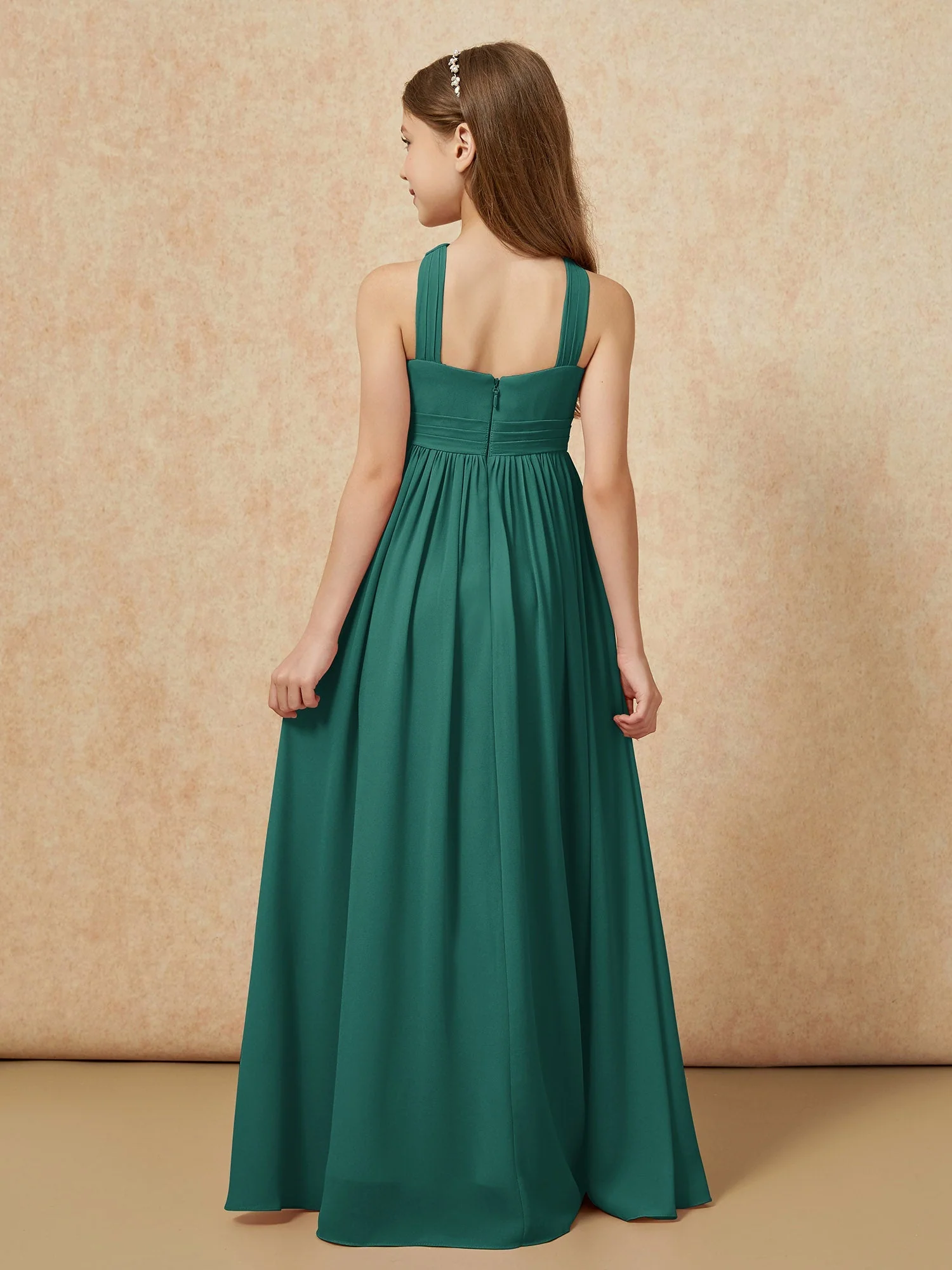 Griechischer Ausschnitt Chiffon Junge Brautjungfernkleider mit Schlitz Pfau - Image 2