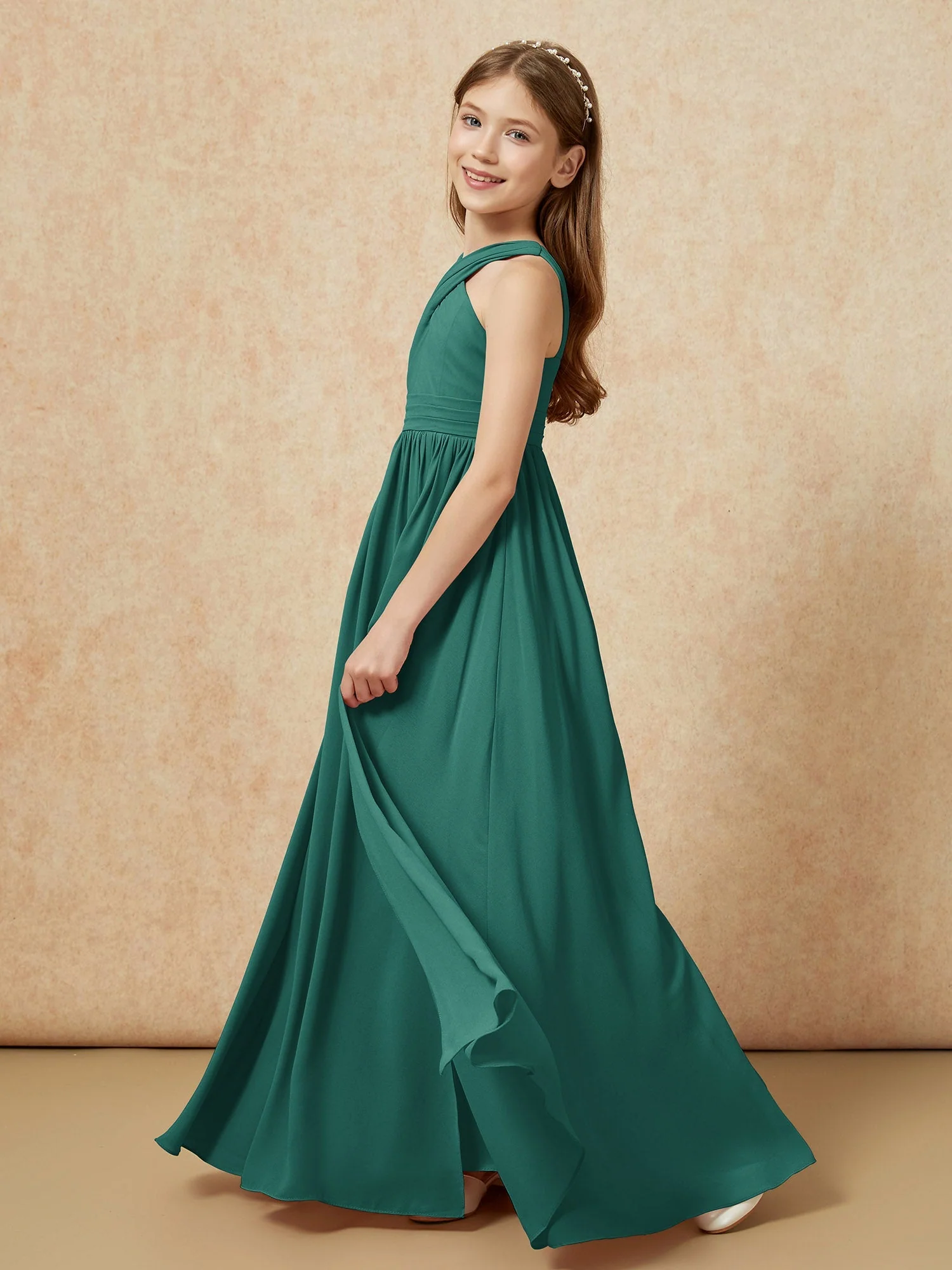 Griechischer Ausschnitt Chiffon Junge Brautjungfernkleider mit Schlitz Pfau - Image 3