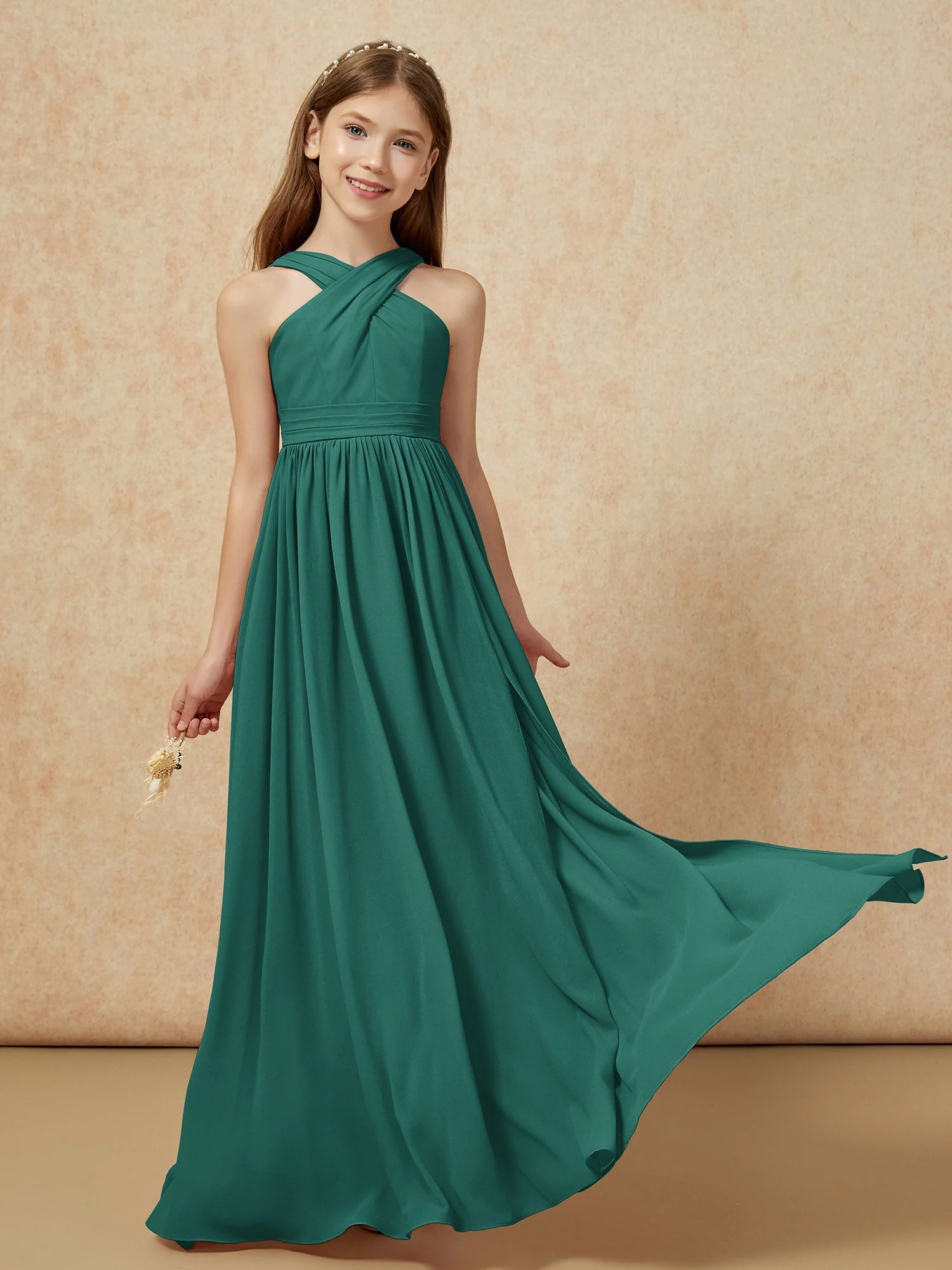 Griechischer Ausschnitt Chiffon Junge Brautjungfernkleider mit Schlitz Pfau - Image 5