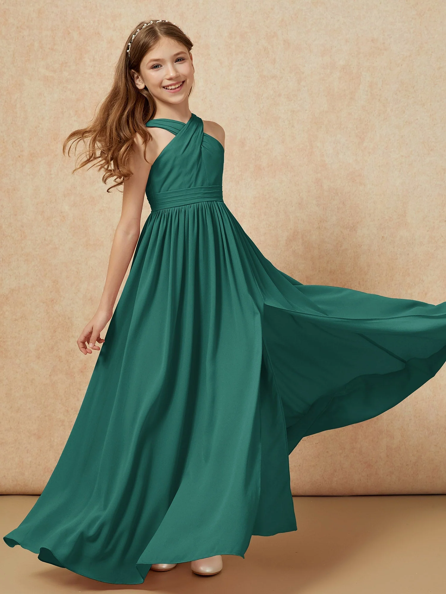 Griechischer Ausschnitt Chiffon Junge Brautjungfernkleider mit Schlitz Pfau - Image 6