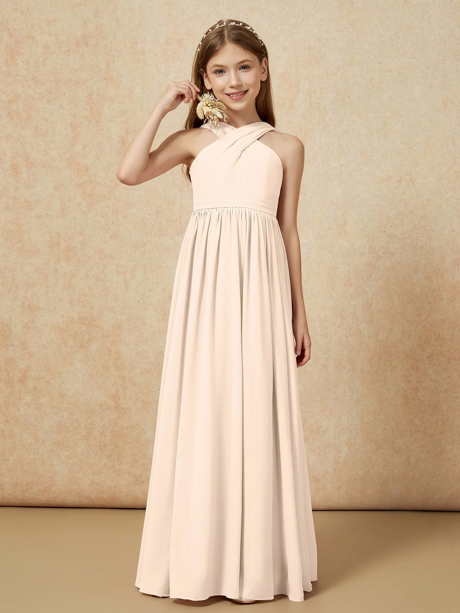 Griechischer Ausschnitt Chiffon Junge Brautjungfernkleider mit Schlitz Pfirsich