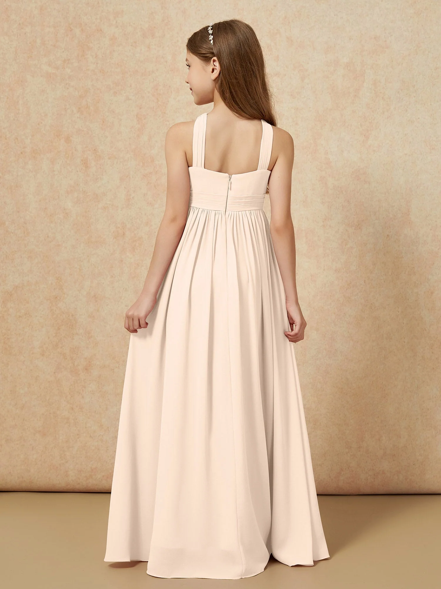 Griechischer Ausschnitt Chiffon Junge Brautjungfernkleider mit Schlitz Pfirsich - Image 2