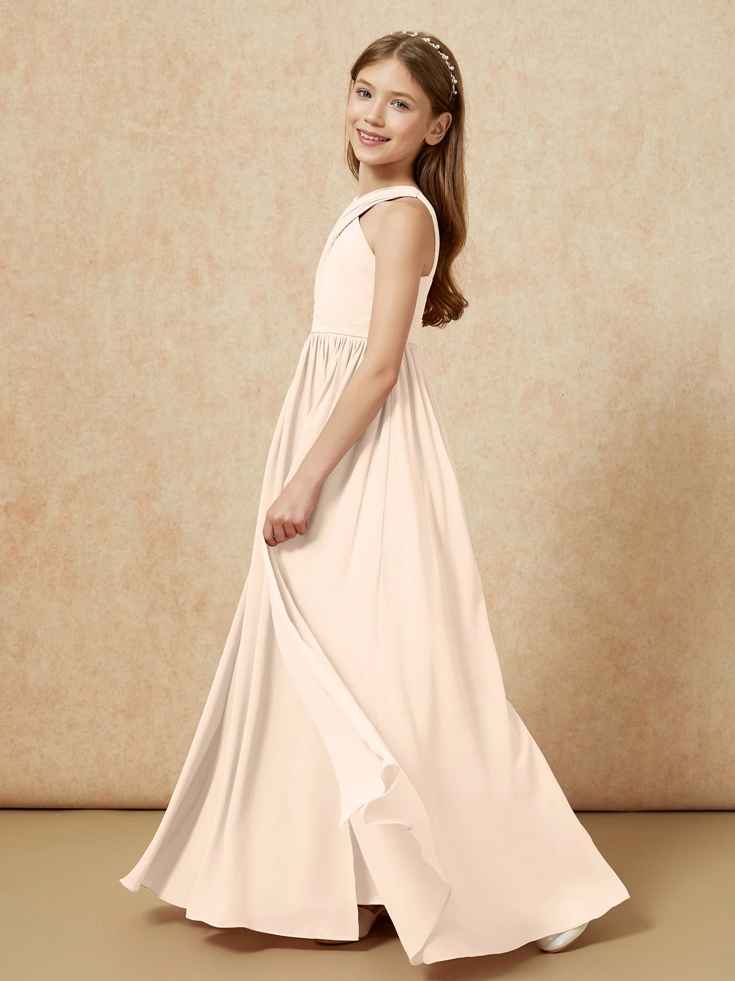 Griechischer Ausschnitt Chiffon Junge Brautjungfernkleider mit Schlitz Pfirsich - Image 3