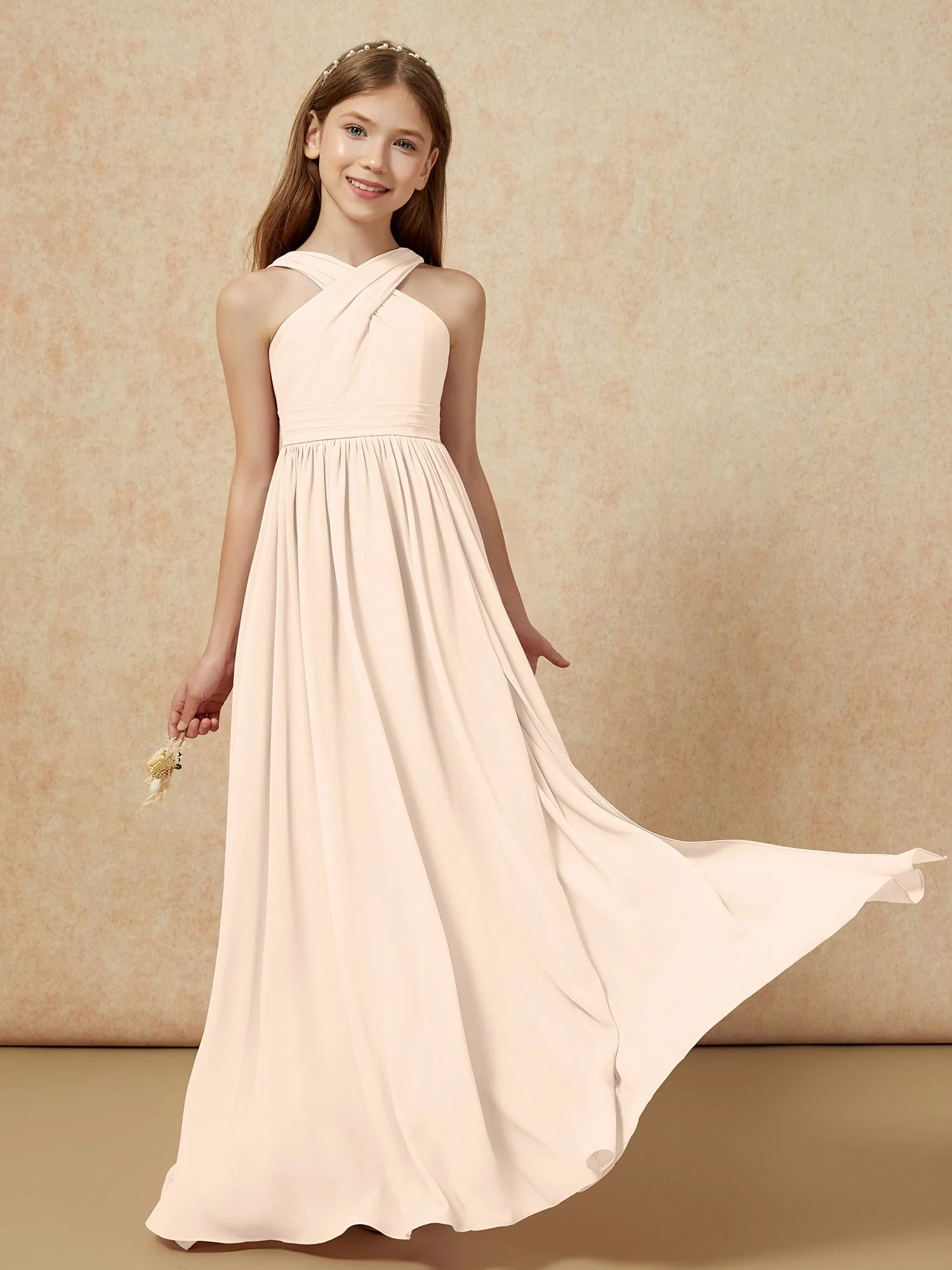 Griechischer Ausschnitt Chiffon Junge Brautjungfernkleider mit Schlitz Pfirsich - Image 5