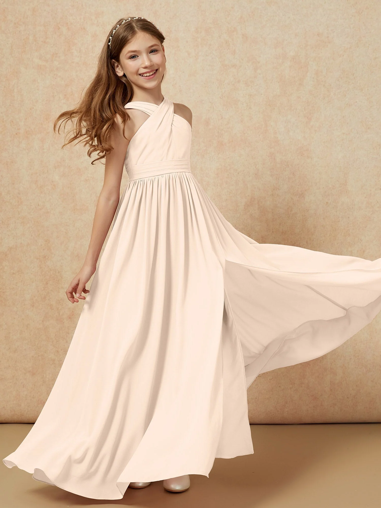 Griechischer Ausschnitt Chiffon Junge Brautjungfernkleider mit Schlitz Pfirsich - Image 6