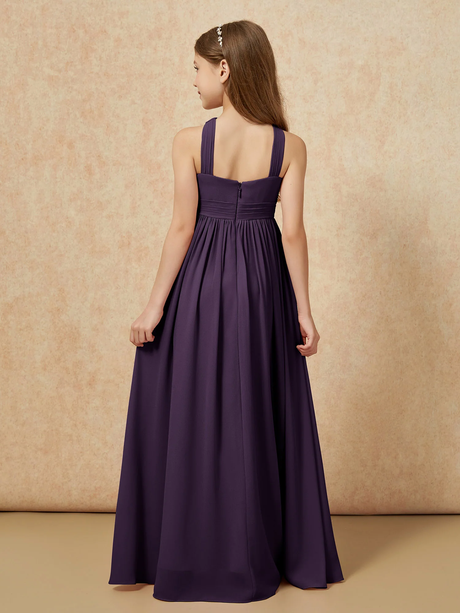 Griechischer Ausschnitt Chiffon Junge Brautjungfernkleider mit Schlitz Plum - Image 2