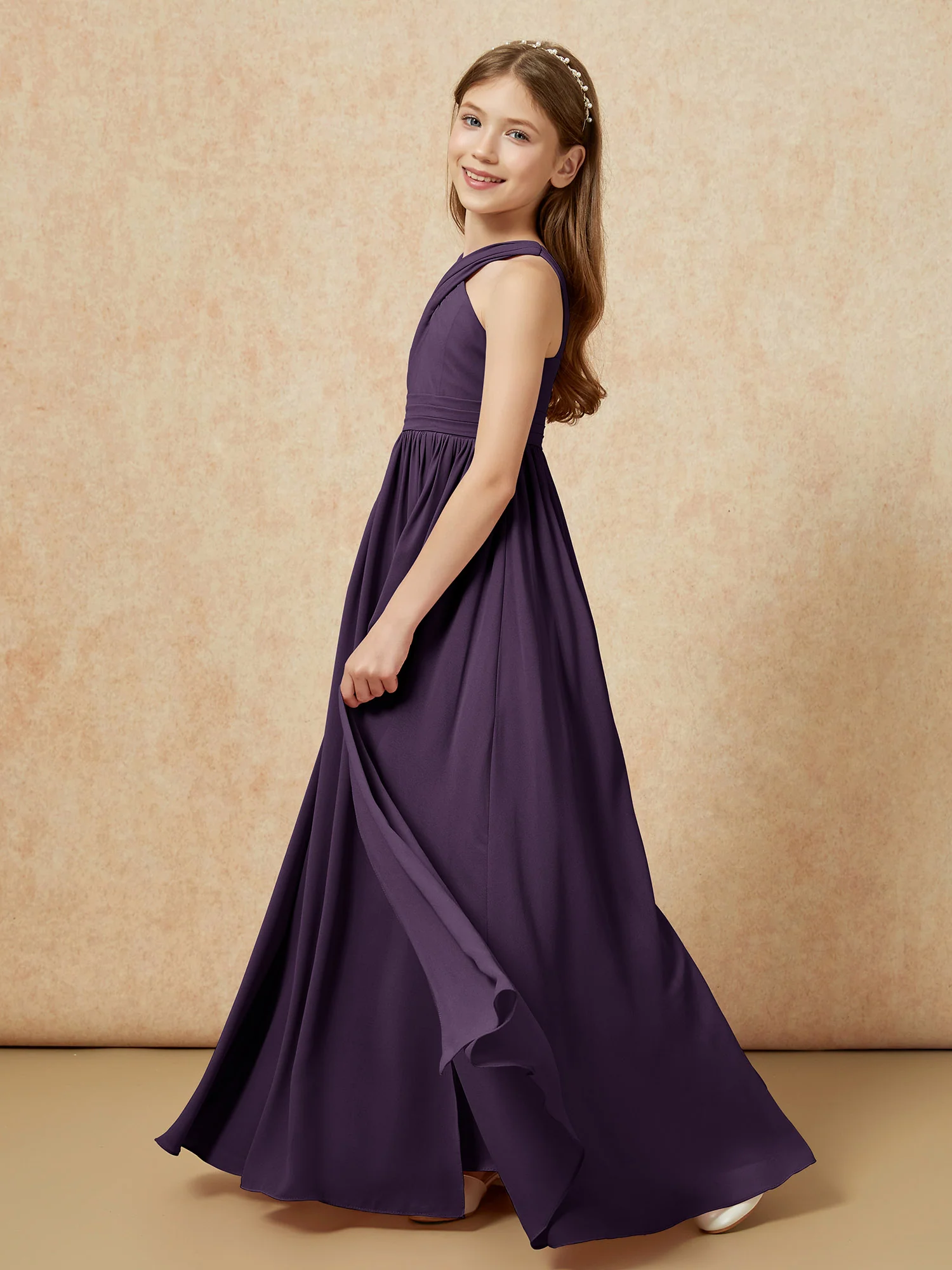 Griechischer Ausschnitt Chiffon Junge Brautjungfernkleider mit Schlitz Plum - Image 3