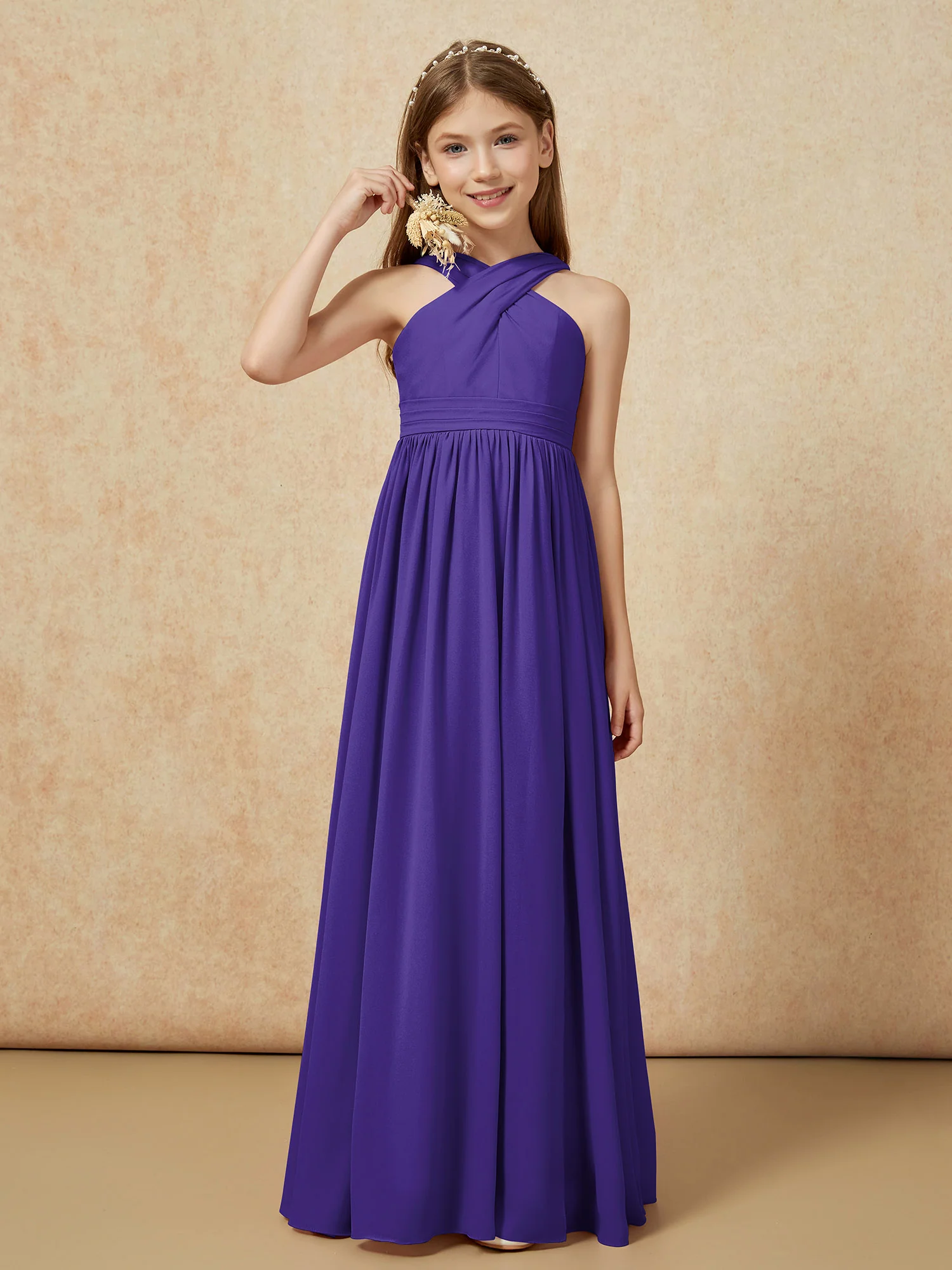 Griechischer Ausschnitt Chiffon Junge Brautjungfernkleider mit Schlitz Regentschaft