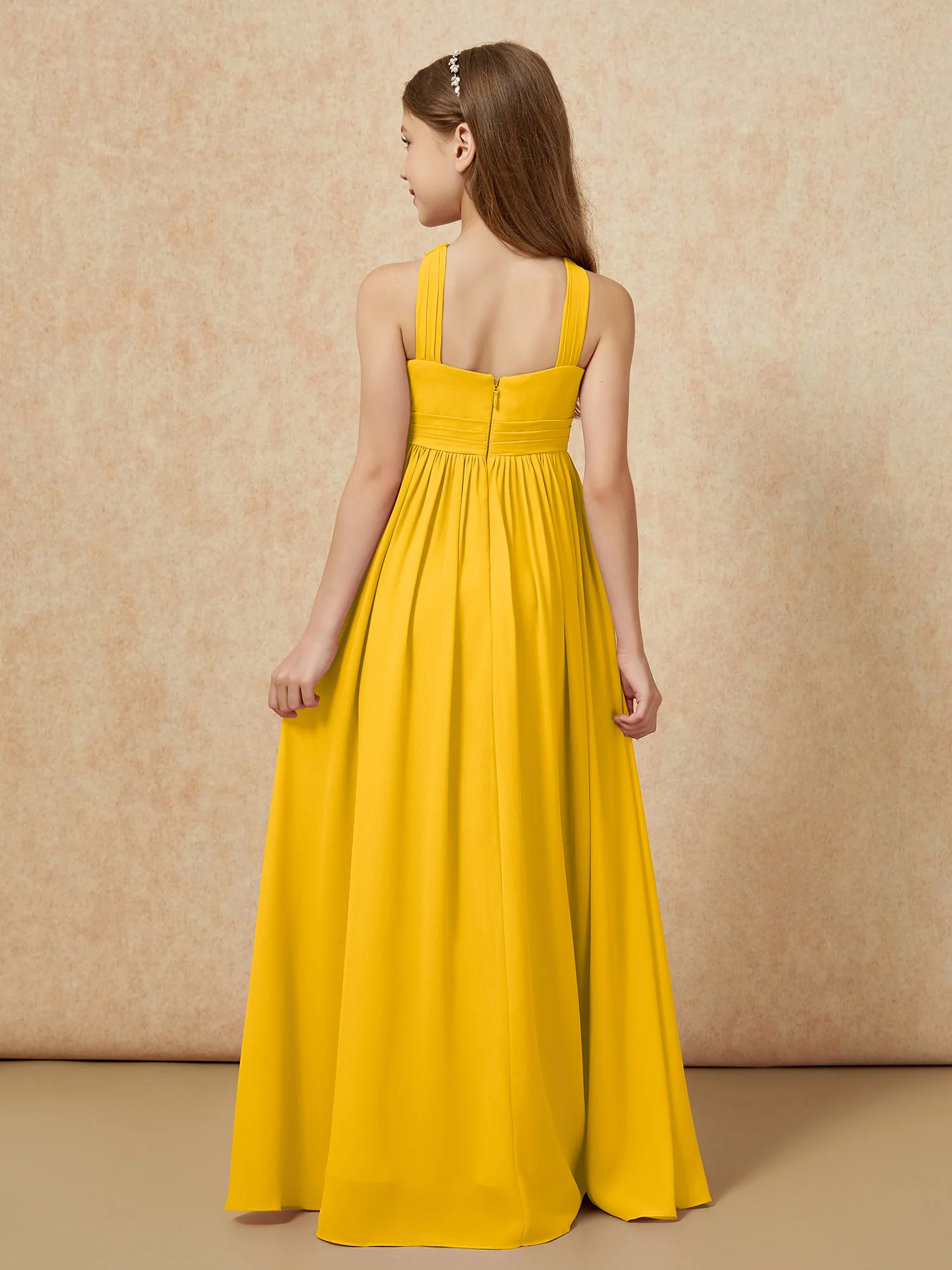 Griechischer Ausschnitt Chiffon Junge Brautjungfernkleider mit Schlitz Ringelblume - Image 2