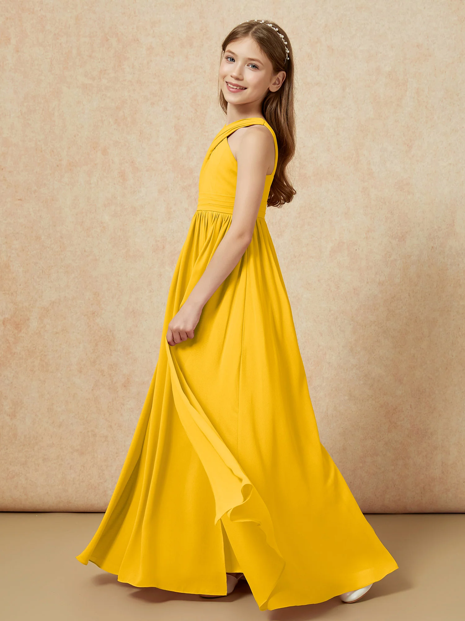 Griechischer Ausschnitt Chiffon Junge Brautjungfernkleider mit Schlitz Ringelblume - Image 3