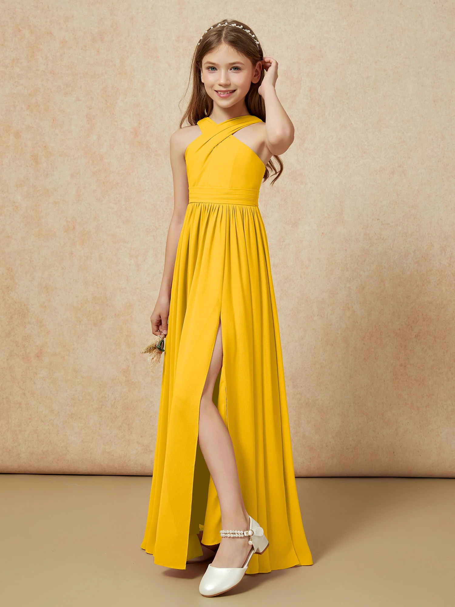 Griechischer Ausschnitt Chiffon Junge Brautjungfernkleider mit Schlitz Ringelblume - Image 4