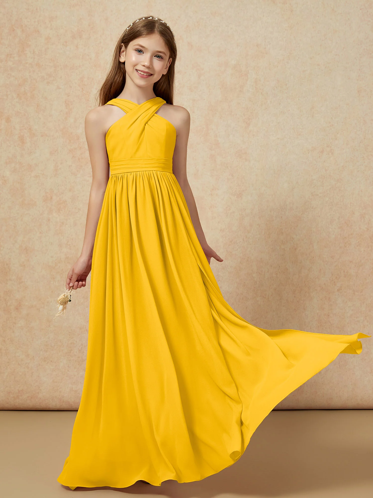 Griechischer Ausschnitt Chiffon Junge Brautjungfernkleider mit Schlitz Ringelblume - Image 5
