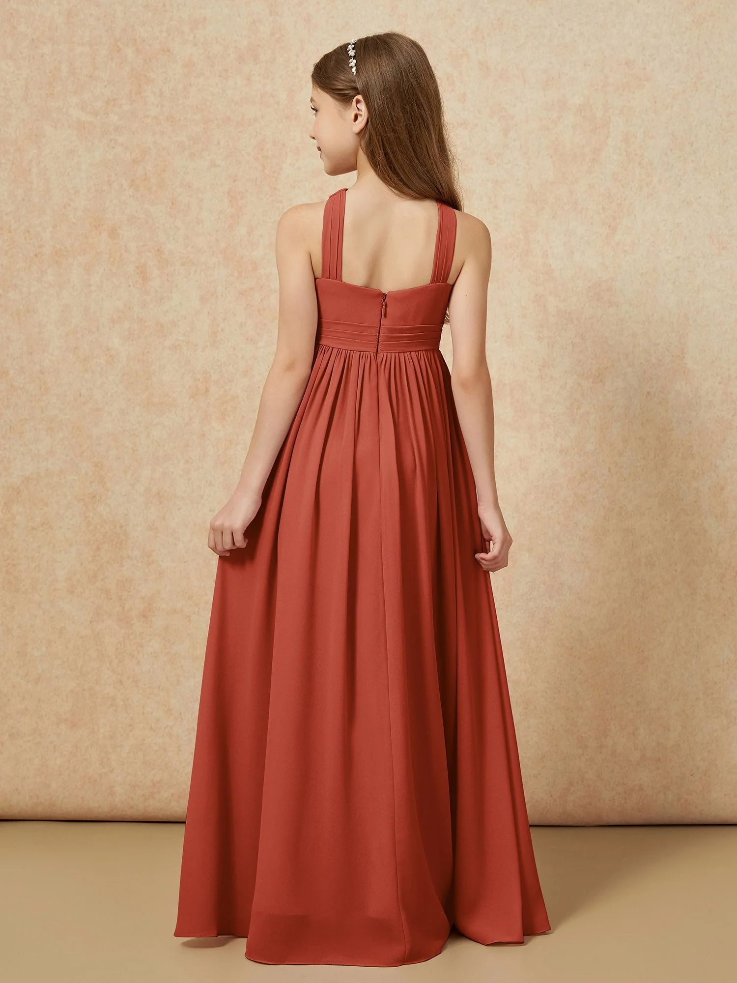 Griechischer Ausschnitt Chiffon Junge Brautjungfernkleider mit Schlitz Rost - Image 2