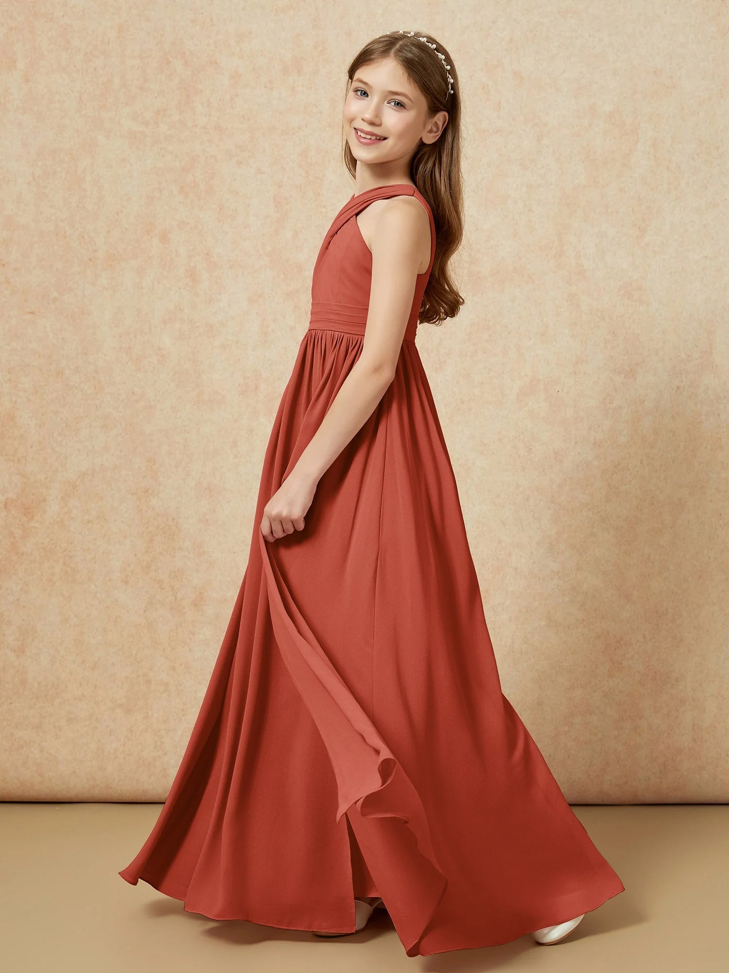 Griechischer Ausschnitt Chiffon Junge Brautjungfernkleider mit Schlitz Rost - Image 3