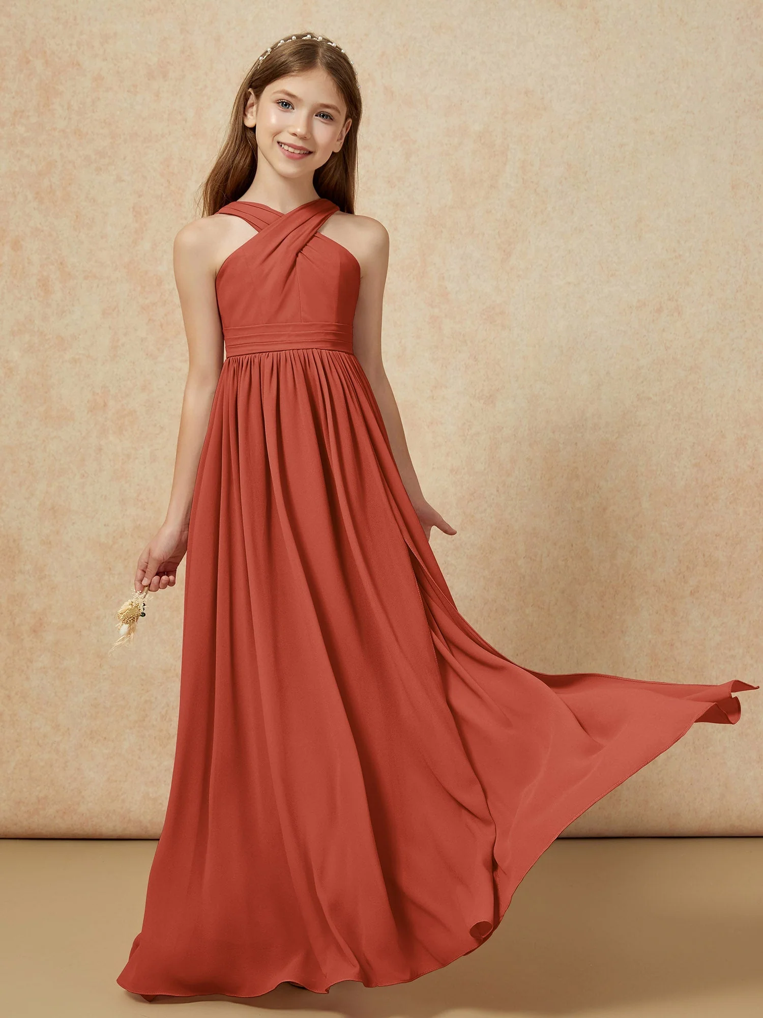 Griechischer Ausschnitt Chiffon Junge Brautjungfernkleider mit Schlitz Rost - Image 5