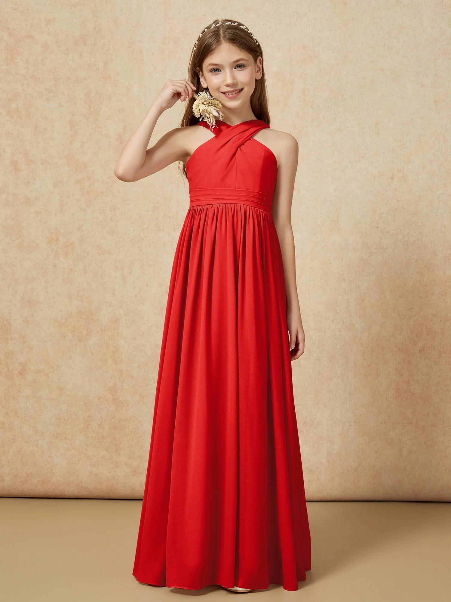 Griechischer Ausschnitt Chiffon Junge Brautjungfernkleider mit Schlitz Rot