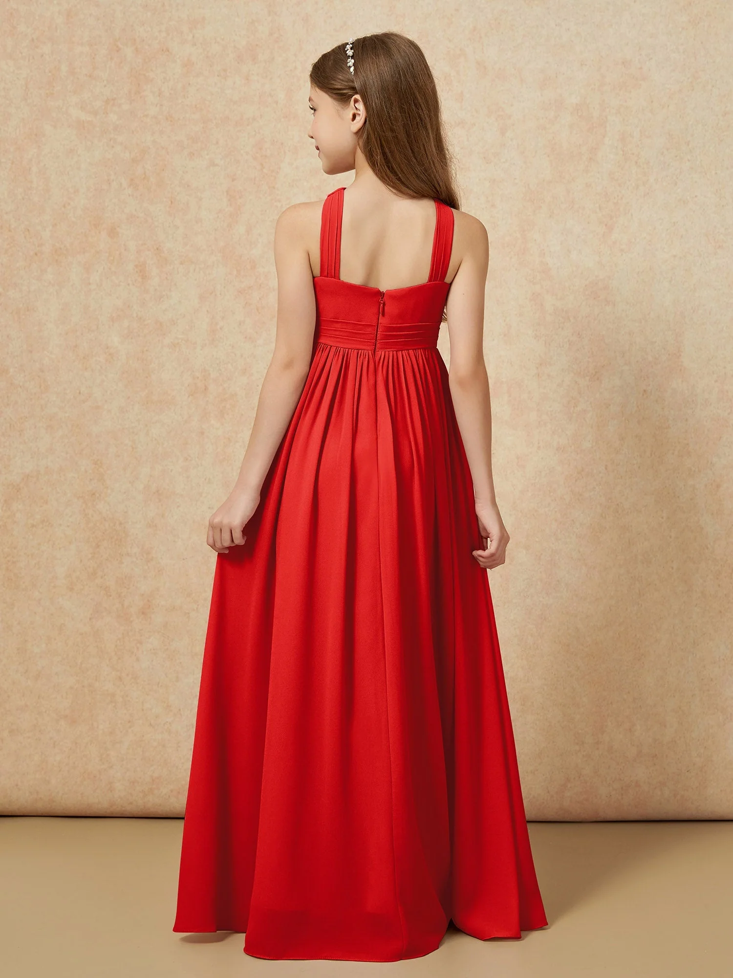 Griechischer Ausschnitt Chiffon Junge Brautjungfernkleider mit Schlitz Rot - Image 2