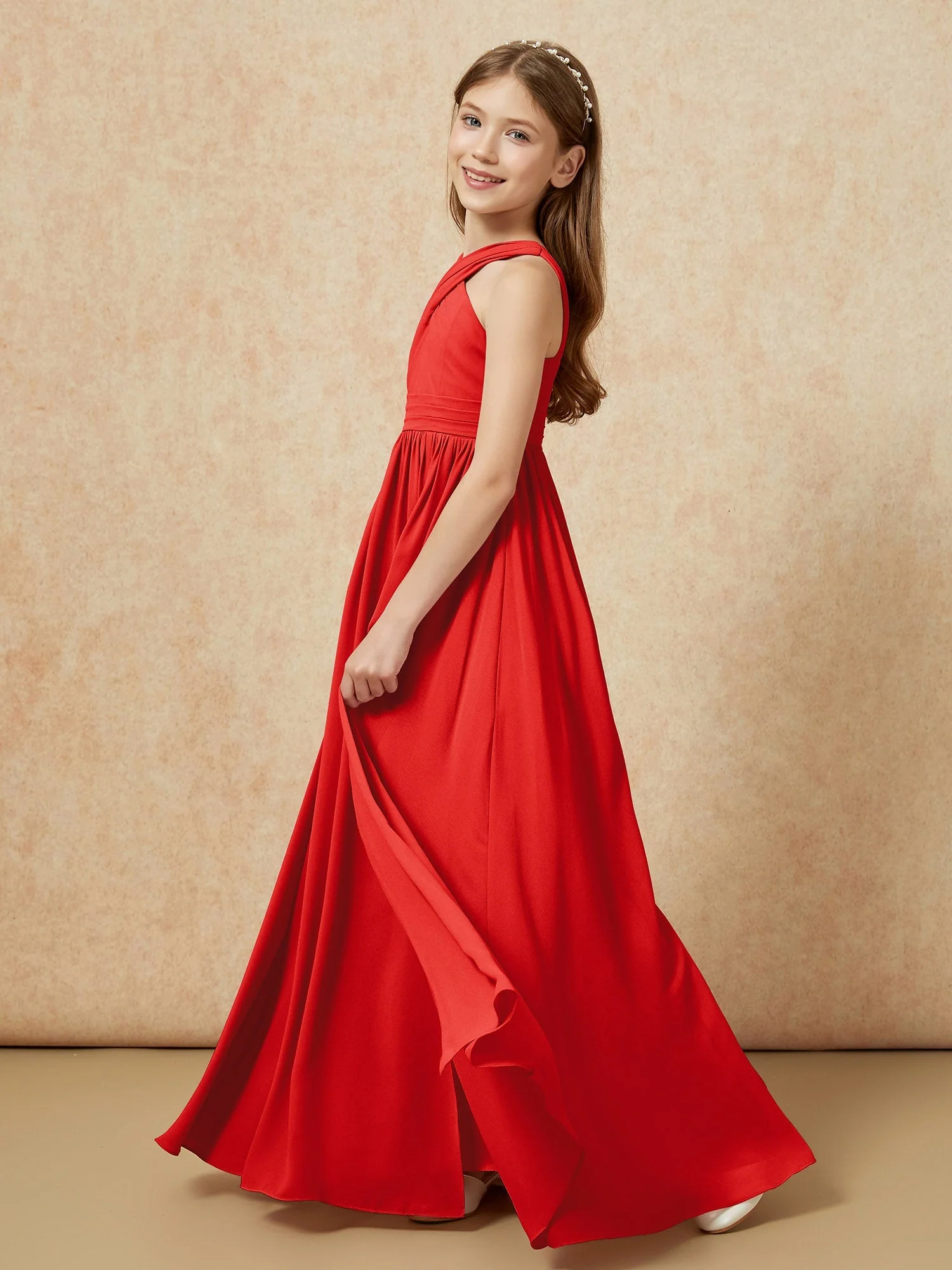 Griechischer Ausschnitt Chiffon Junge Brautjungfernkleider mit Schlitz Rot - Image 3
