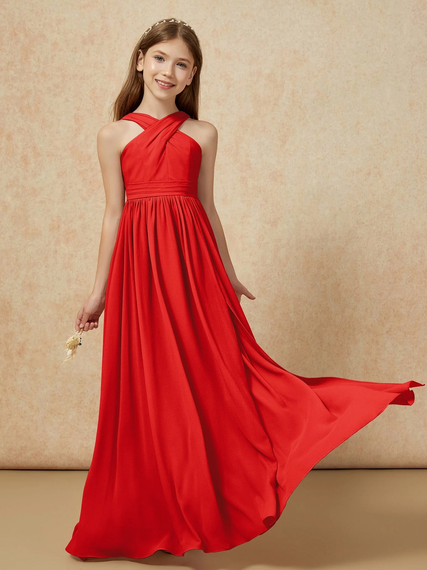 Griechischer Ausschnitt Chiffon Junge Brautjungfernkleider mit Schlitz Rot - Image 5