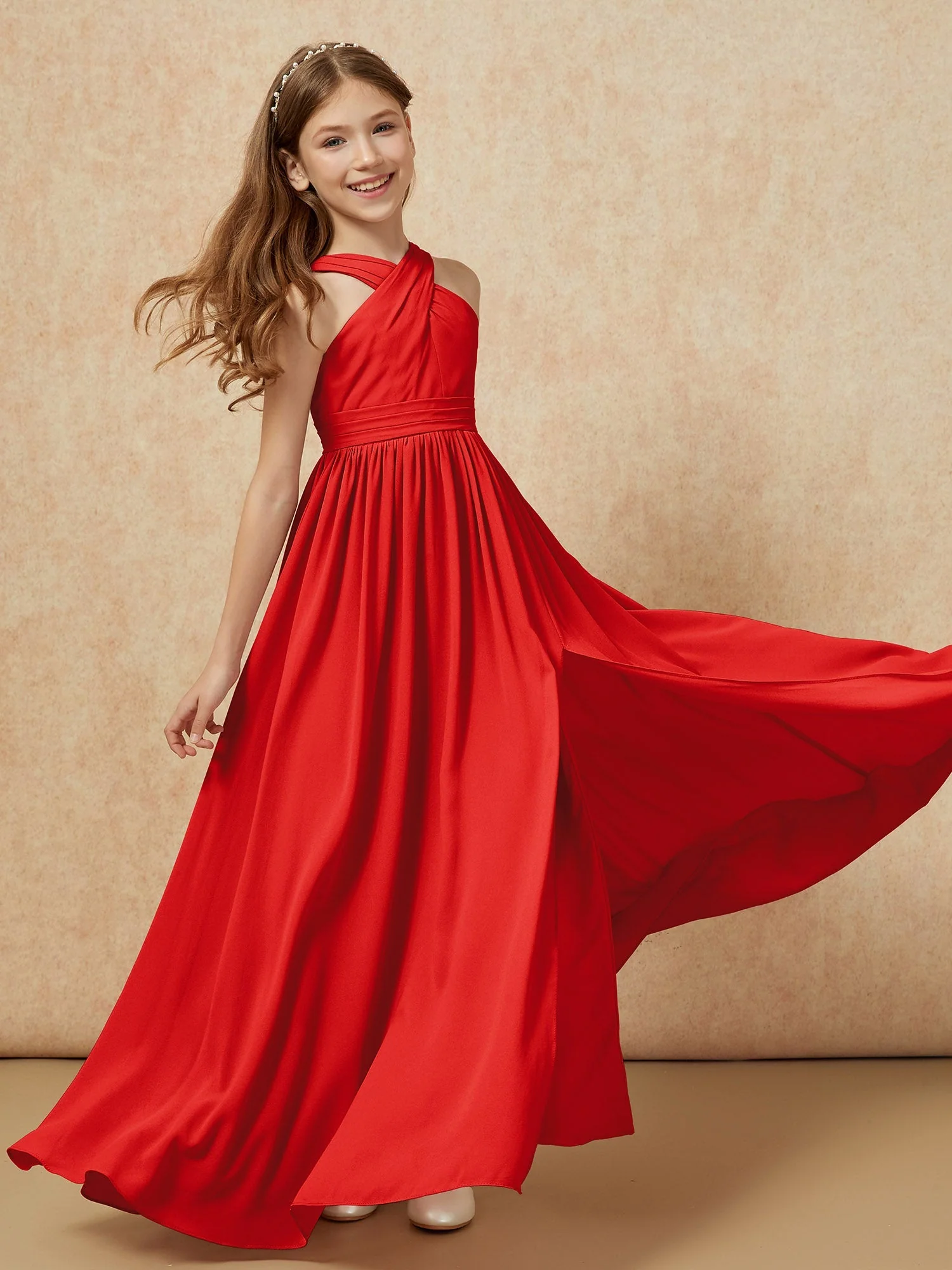 Griechischer Ausschnitt Chiffon Junge Brautjungfernkleider mit Schlitz Rot - Image 6