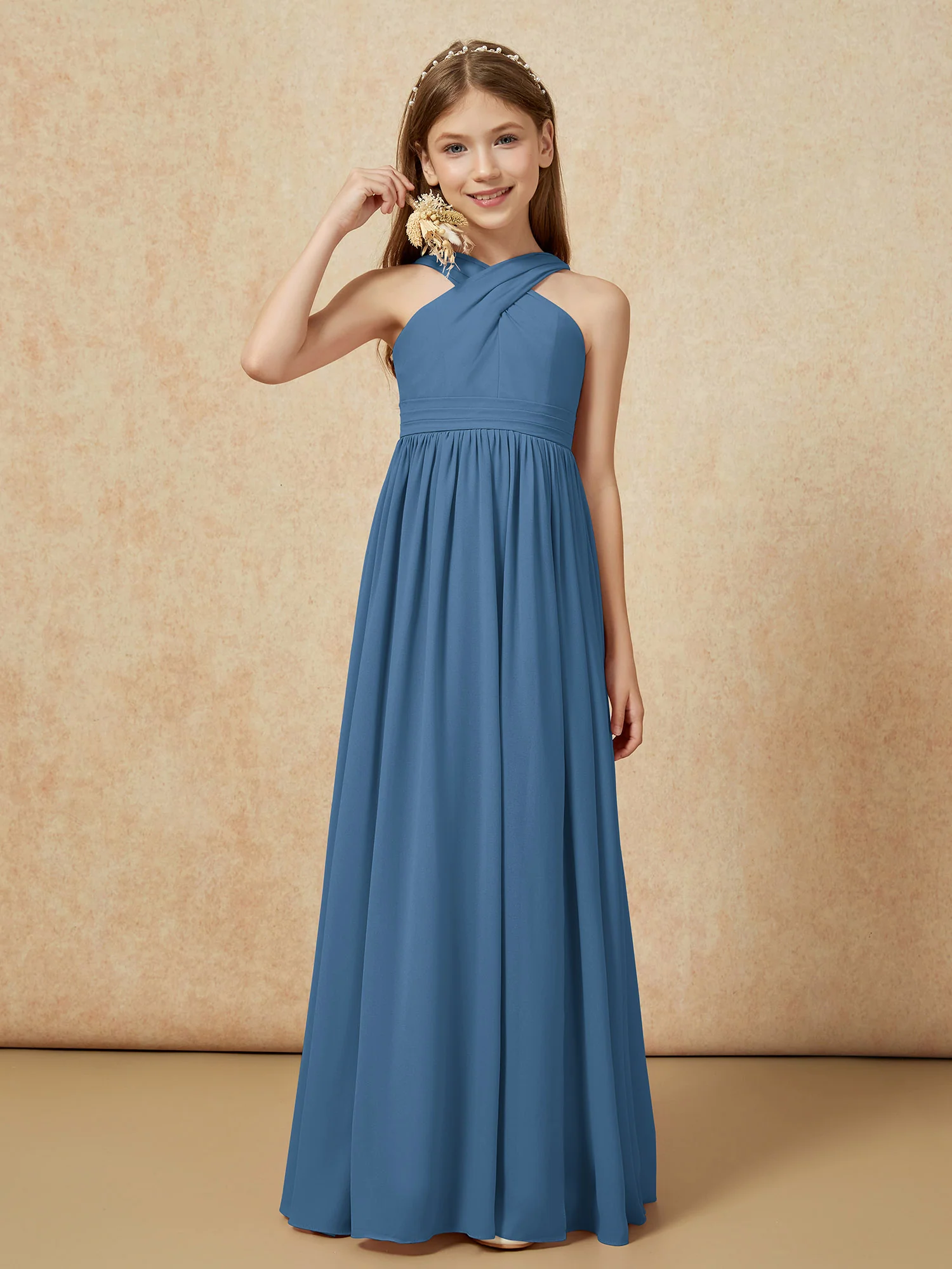 Griechischer Ausschnitt Chiffon Junge Brautjungfernkleider mit Schlitz Schiefer Blau