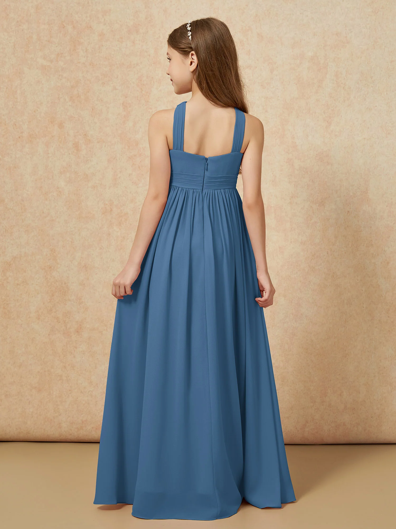 Griechischer Ausschnitt Chiffon Junge Brautjungfernkleider mit Schlitz Schiefer Blau - Image 2