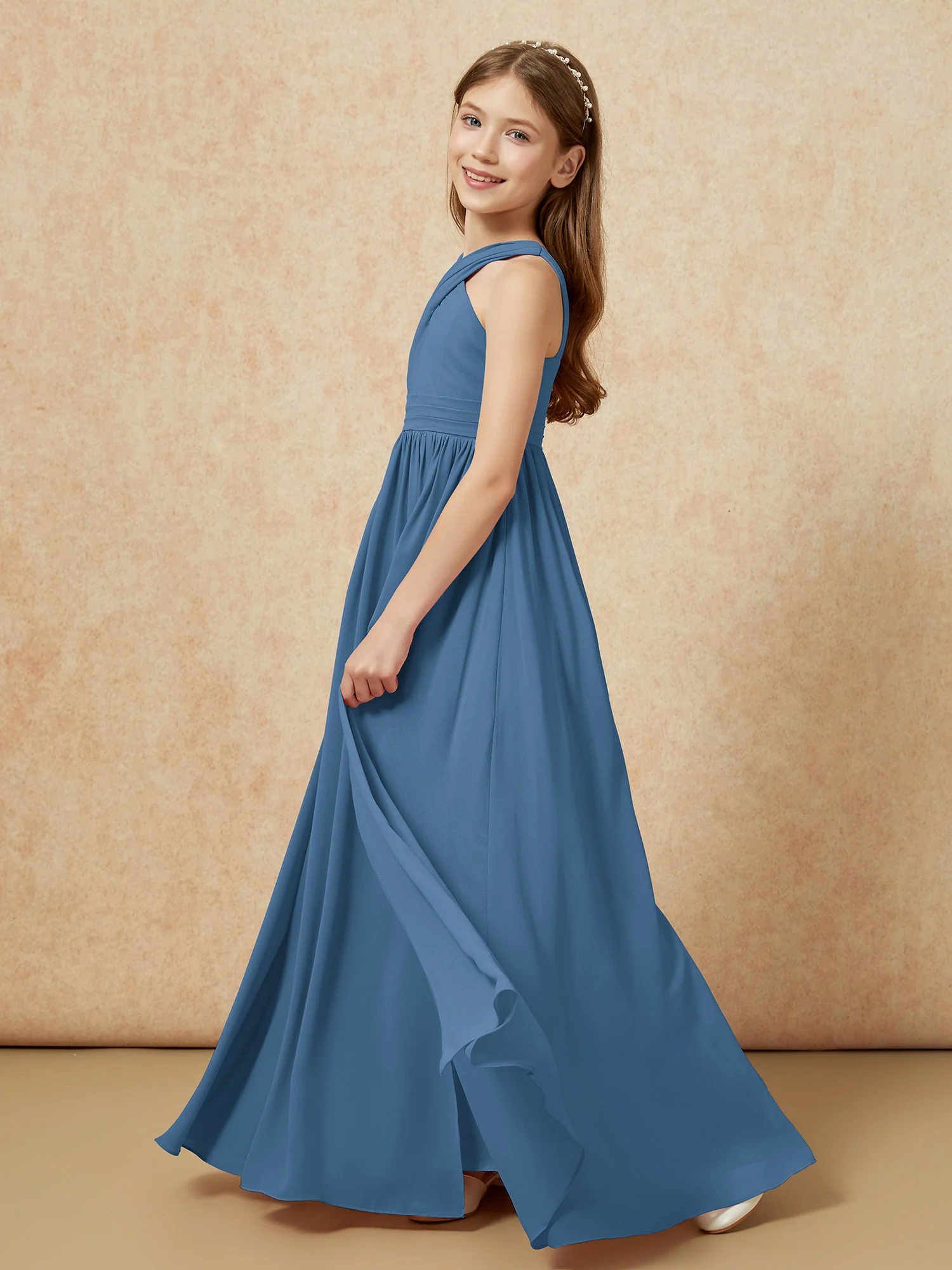 Griechischer Ausschnitt Chiffon Junge Brautjungfernkleider mit Schlitz Schiefer Blau - Image 3