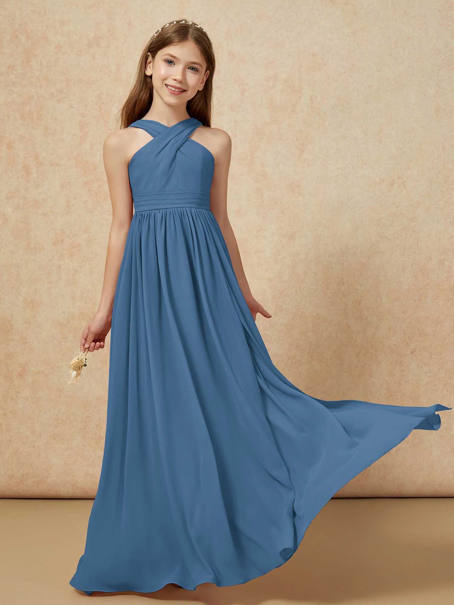 Griechischer Ausschnitt Chiffon Junge Brautjungfernkleider mit Schlitz Schiefer Blau - Image 5