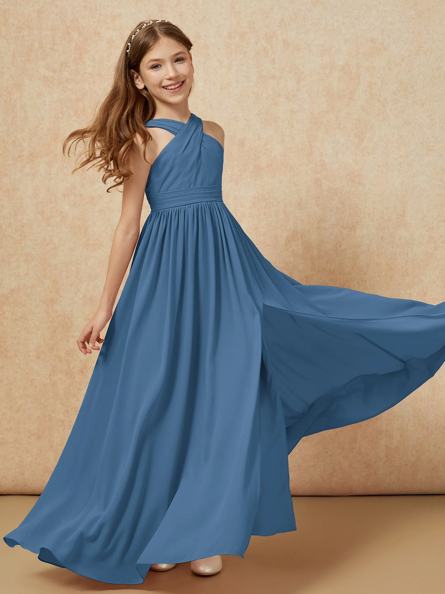 Griechischer Ausschnitt Chiffon Junge Brautjungfernkleider mit Schlitz Schiefer Blau - Image 6