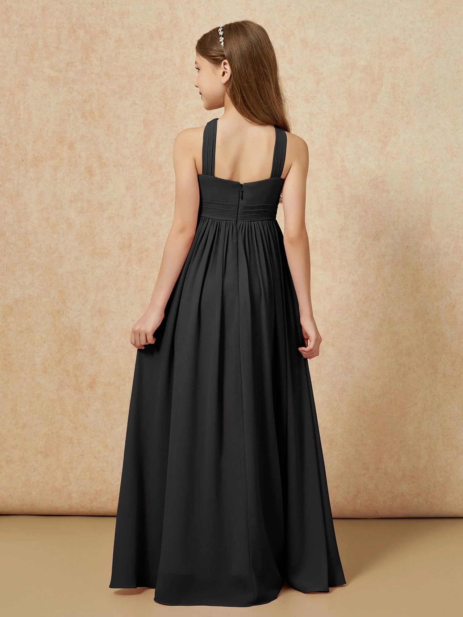 Griechischer Ausschnitt Chiffon Junge Brautjungfernkleider mit Schlitz Schwarz - Image 2