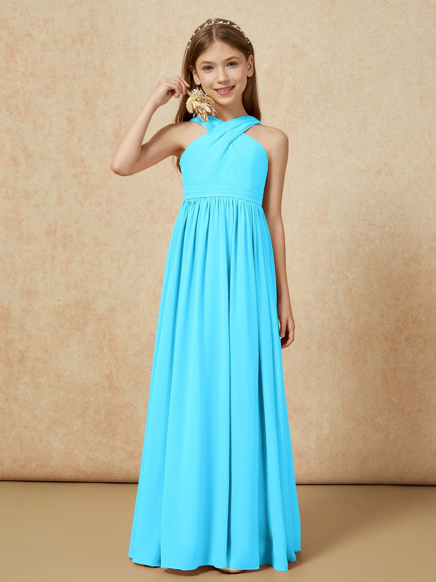 Griechischer Ausschnitt Chiffon Junge Brautjungfernkleider mit Schlitz Schwimmbadblau
