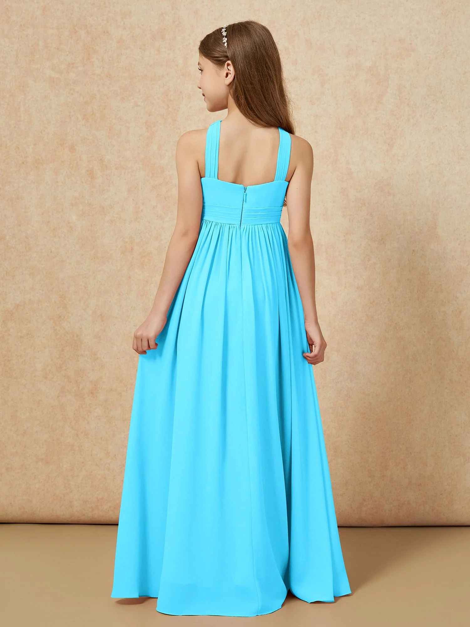 Griechischer Ausschnitt Chiffon Junge Brautjungfernkleider mit Schlitz Schwimmbadblau - Image 2