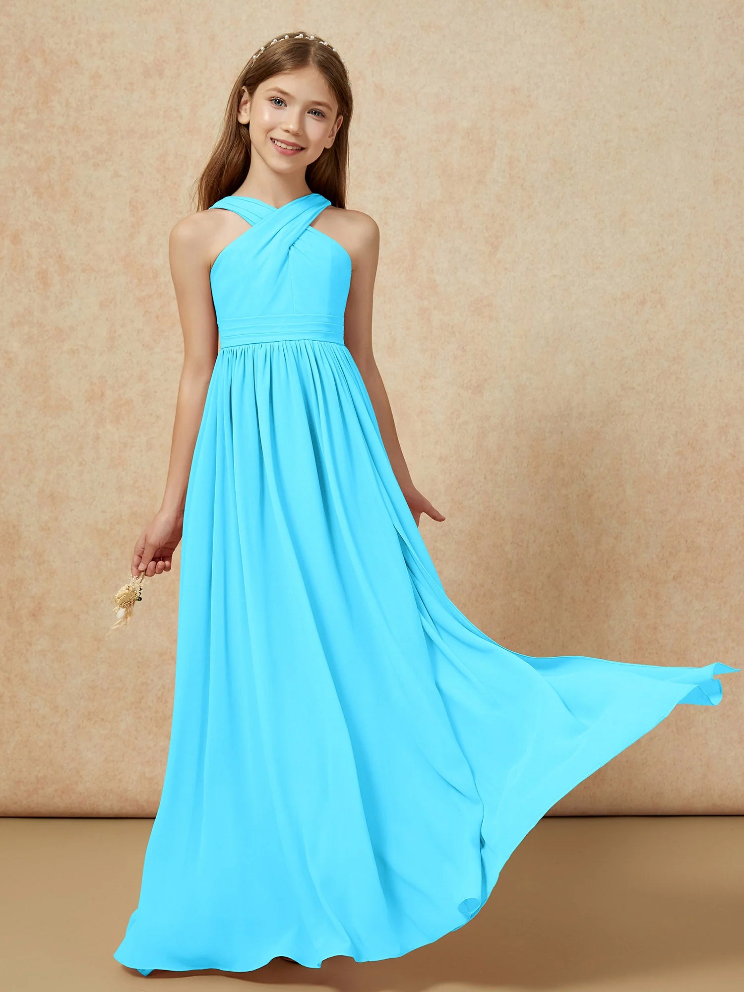Griechischer Ausschnitt Chiffon Junge Brautjungfernkleider mit Schlitz Schwimmbadblau - Image 5