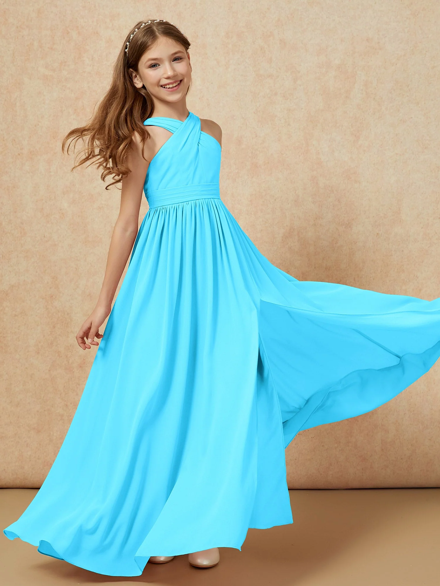 Griechischer Ausschnitt Chiffon Junge Brautjungfernkleider mit Schlitz Schwimmbadblau - Image 6