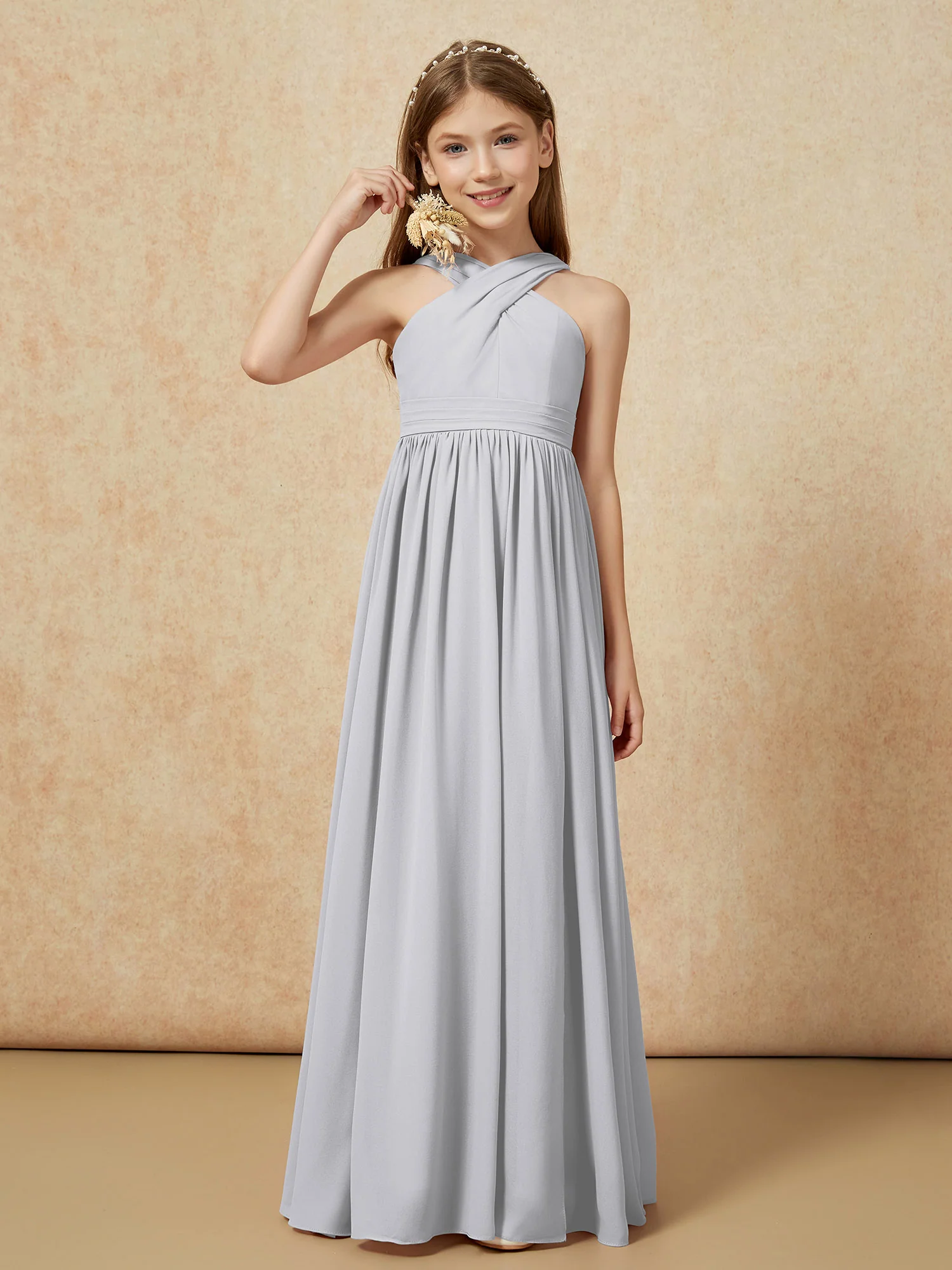 Griechischer Ausschnitt Chiffon Junge Brautjungfernkleider mit Schlitz Silber