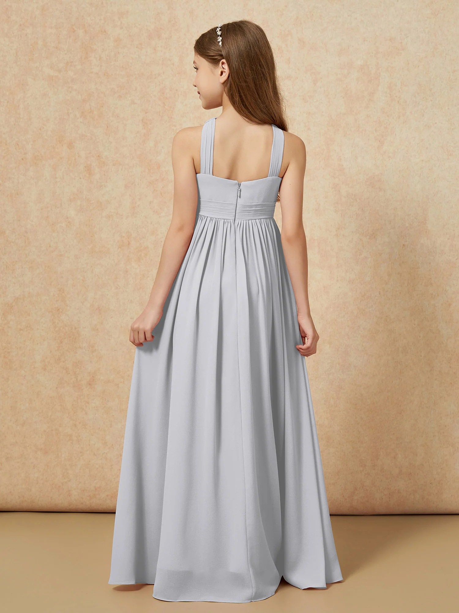 Griechischer Ausschnitt Chiffon Junge Brautjungfernkleider mit Schlitz Silber - Image 2