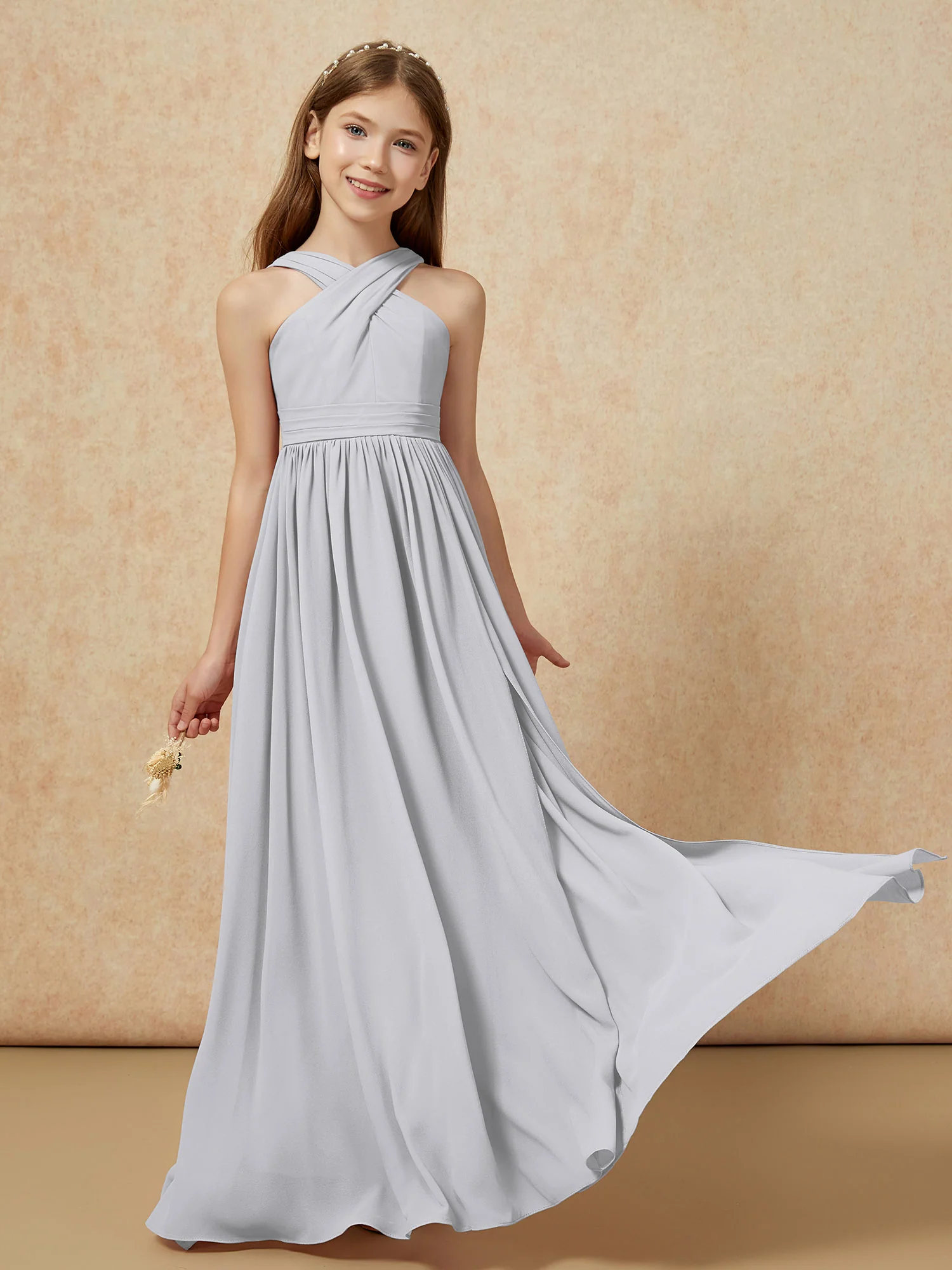 Griechischer Ausschnitt Chiffon Junge Brautjungfernkleider mit Schlitz Silber - Image 5