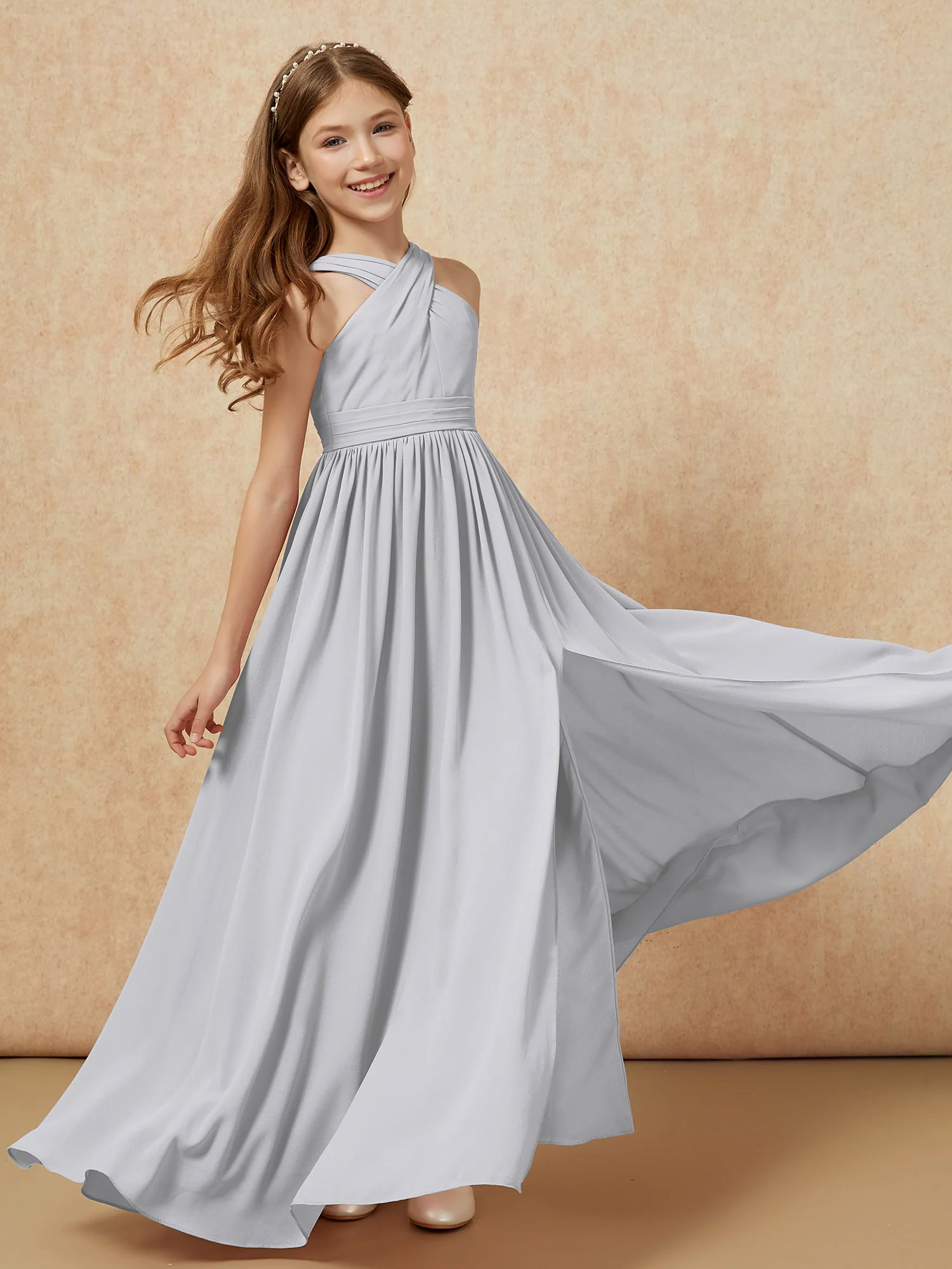 Griechischer Ausschnitt Chiffon Junge Brautjungfernkleider mit Schlitz Silber - Image 6
