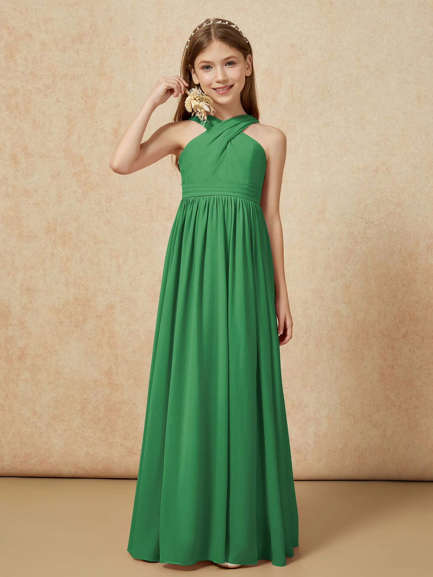 Griechischer Ausschnitt Chiffon Junge Brautjungfernkleider mit Schlitz Smaragd
