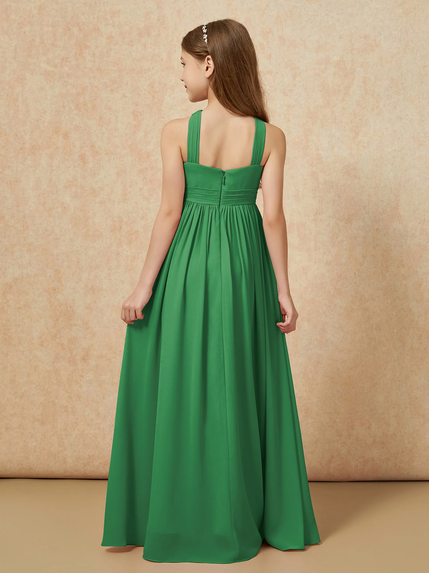 Griechischer Ausschnitt Chiffon Junge Brautjungfernkleider mit Schlitz Smaragd - Image 2
