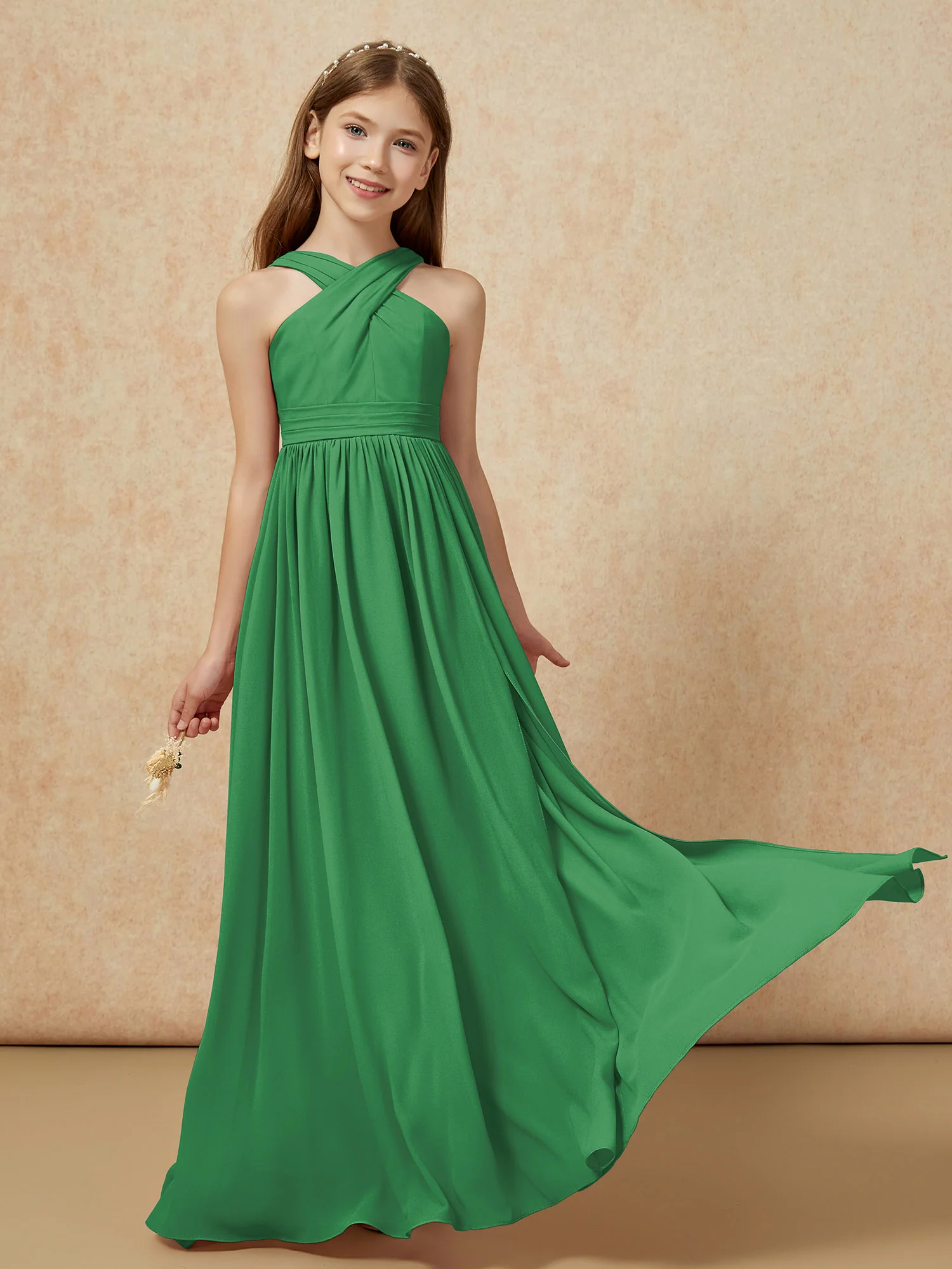 Griechischer Ausschnitt Chiffon Junge Brautjungfernkleider mit Schlitz Smaragd - Image 5