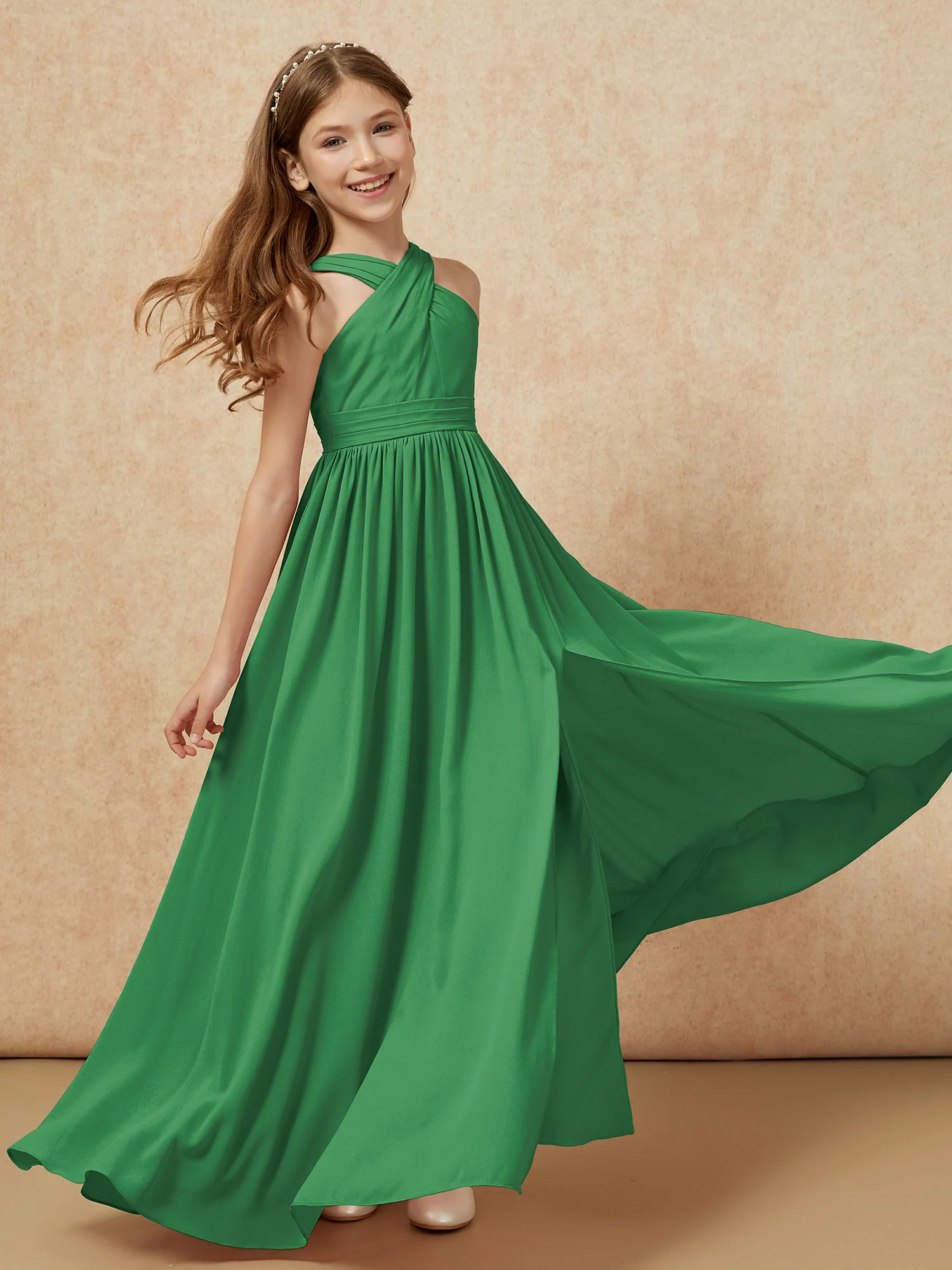 Griechischer Ausschnitt Chiffon Junge Brautjungfernkleider mit Schlitz Smaragd - Image 6