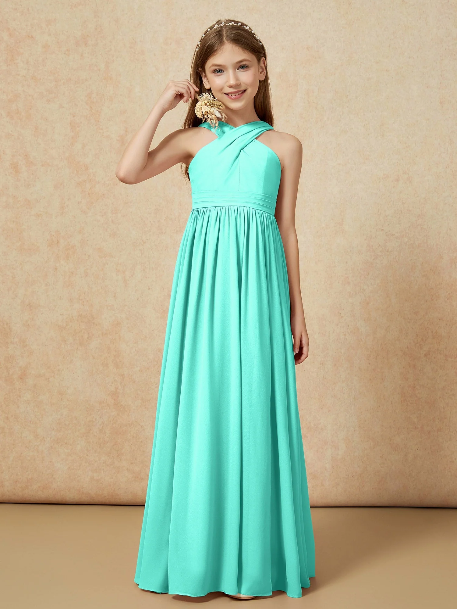 Griechischer Ausschnitt Chiffon Junge Brautjungfernkleider mit Schlitz Spa