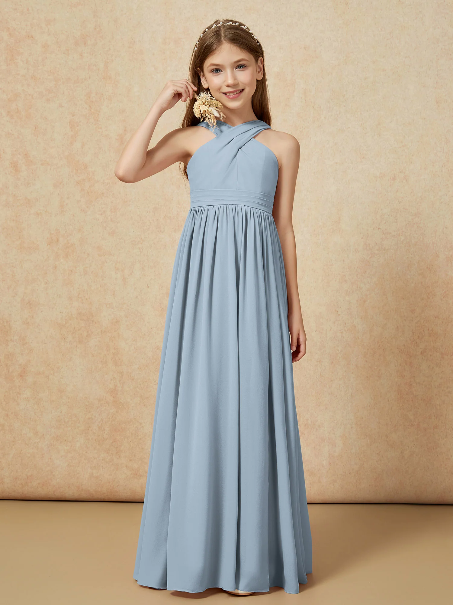 Griechischer Ausschnitt Chiffon Junge Brautjungfernkleider mit Schlitz Staubiges Blau